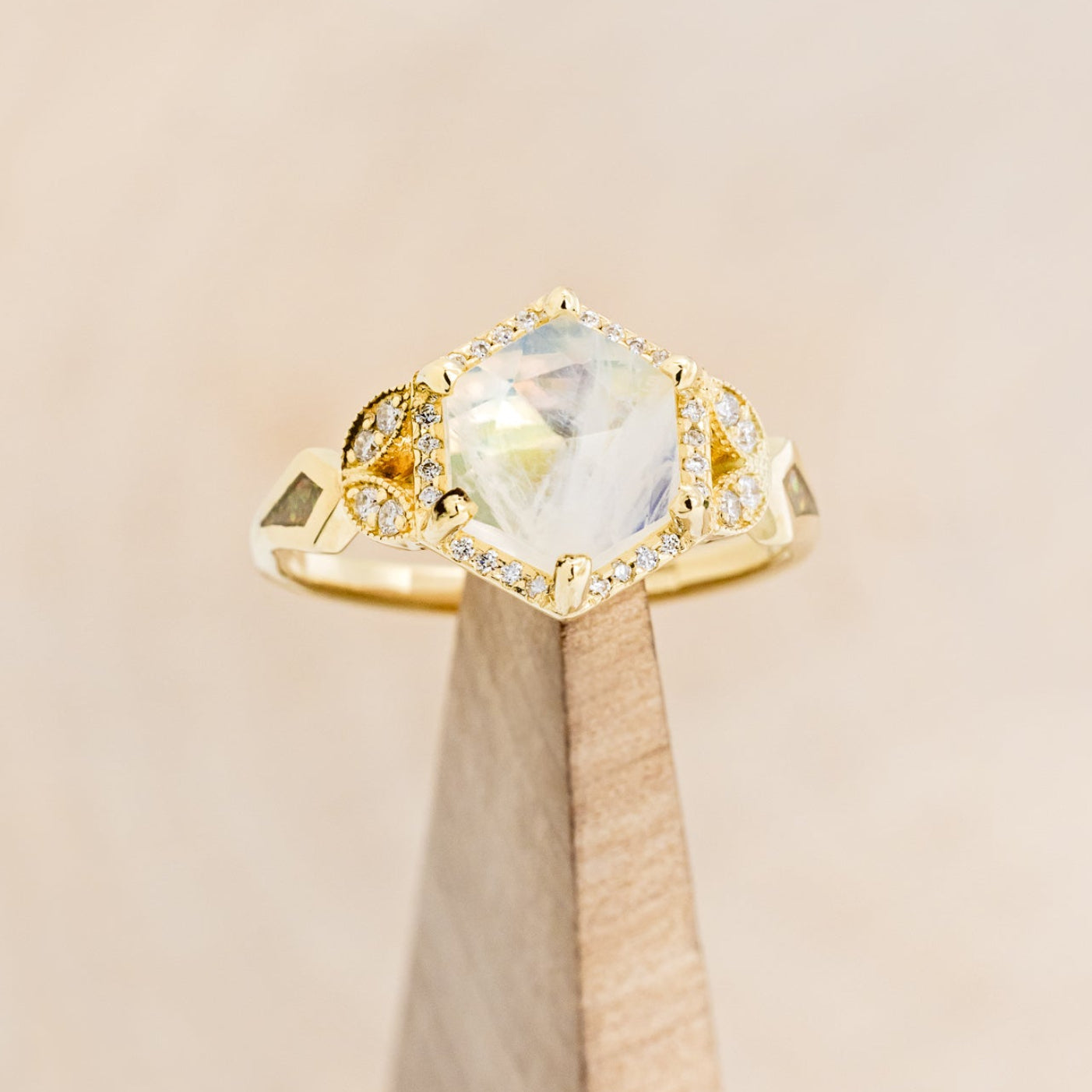 "LUCY IN THE SKY" - FACETED HEXAGON MOONSTONE ENGAGEMENT RING WITH DIAMOND HALO & FIRE AND ICE OPAL INLAYS-13