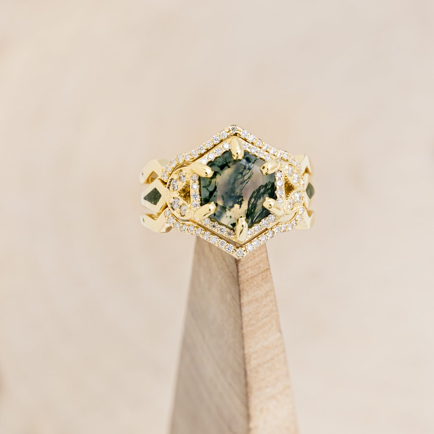 "LUCY IN THE SKY" - HEXAGON MOSS AGATE ENGAGEMENT RING WITH DIAMOND HALO, MOSS INLAYS & DIAMOND RING GUARD-38