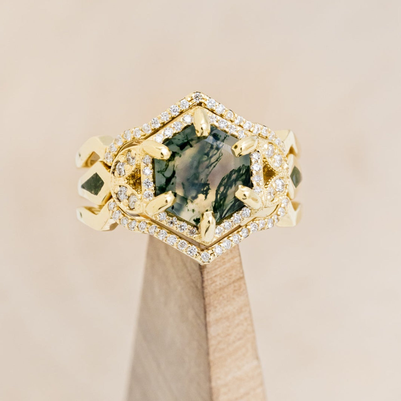 "LUCY IN THE SKY" - HEXAGON MOSS AGATE ENGAGEMENT RING WITH DIAMOND HALO, MOSS INLAYS & DIAMOND RING GUARD-38