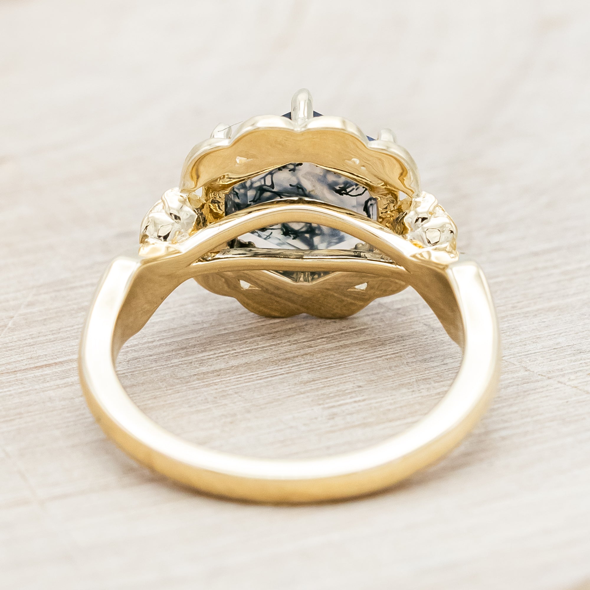 "LUCY IN THE SKY" - HEXAGON CUT MOSS AGATE ENGAGEMENT RING WITH DIAMOND HALO, MOSS INLAYS & ROSEBUD ACCENTS-Staghead Designs