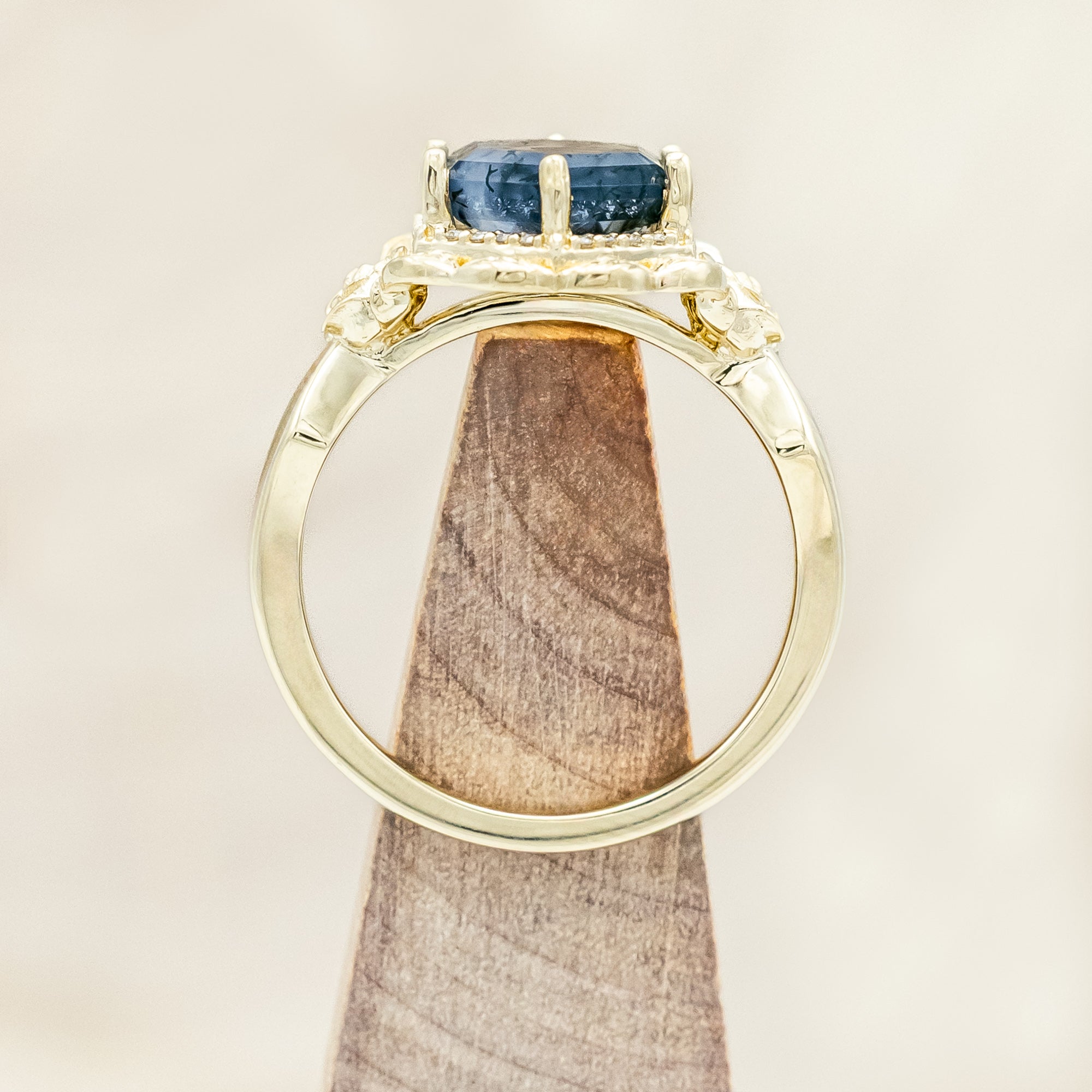 "LUCY IN THE SKY" - HEXAGON CUT MOSS AGATE ENGAGEMENT RING WITH DIAMOND HALO, MOSS INLAYS & ROSEBUD ACCENTS-Staghead Designs