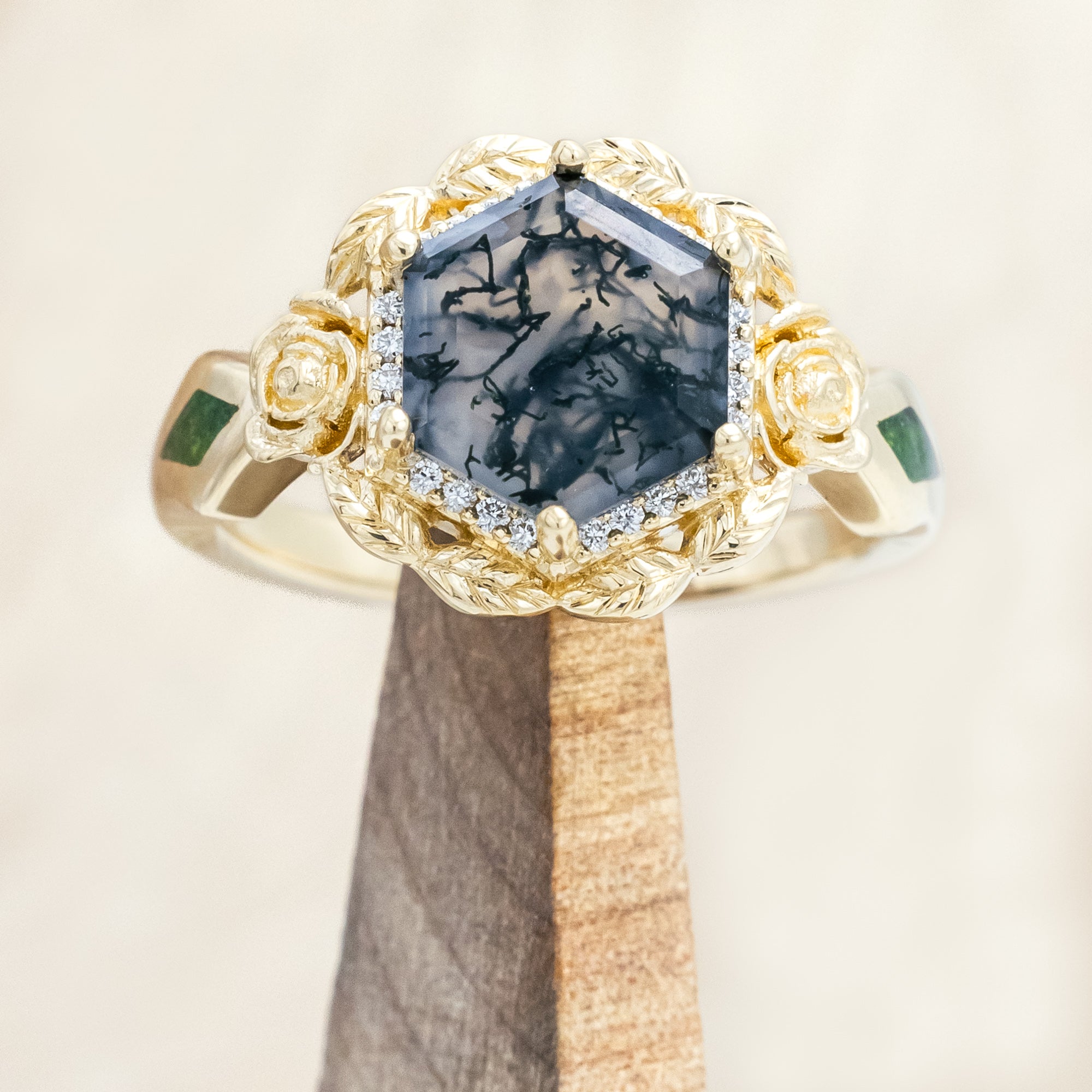"LUCY IN THE SKY" - HEXAGON CUT MOSS AGATE ENGAGEMENT RING WITH DIAMOND HALO, MOSS INLAYS & ROSEBUD ACCENTS-Staghead Designs