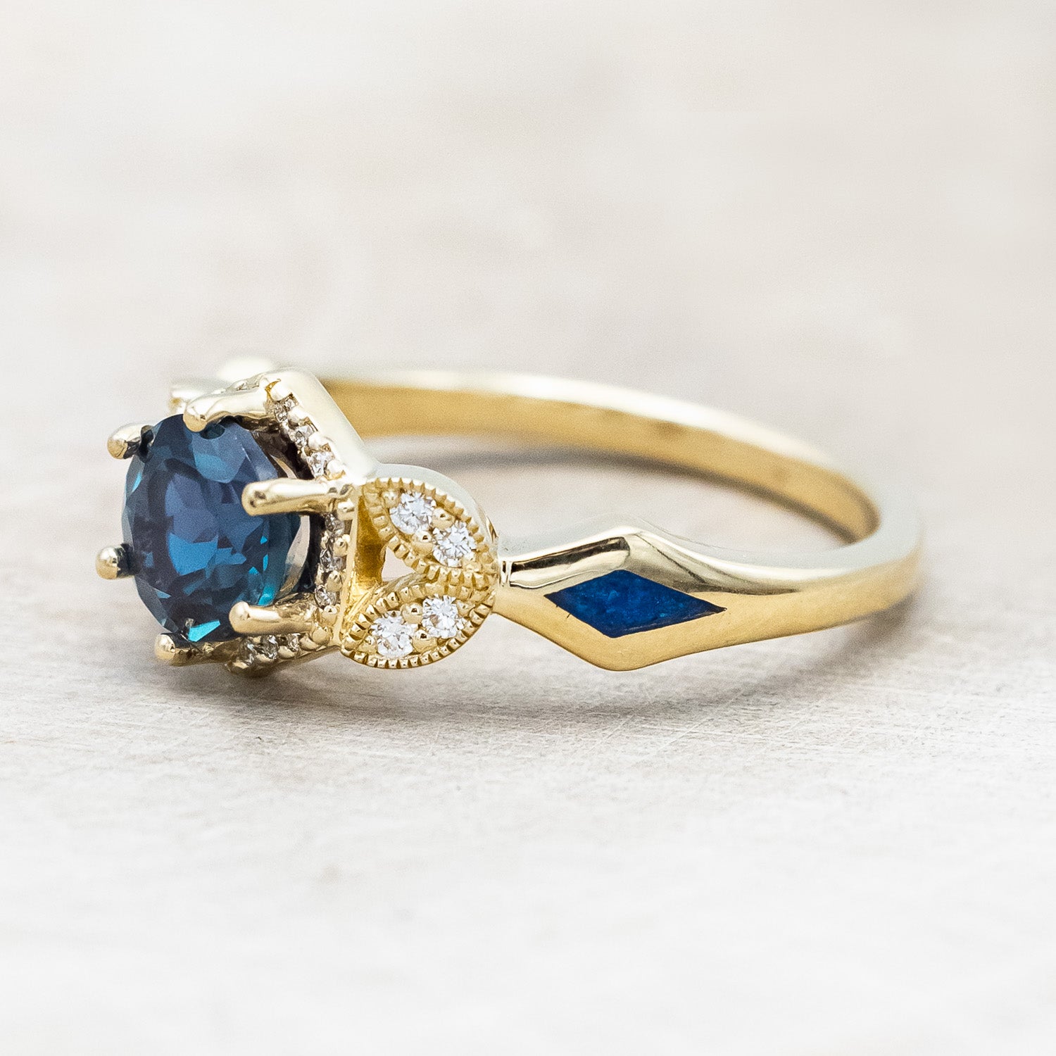 "LUCY IN THE SKY" PETITE - ROUND CUT LAB-GROWN ALEXANDRITE ENGAGEMENT RING WITH DIAMOND ACCENTS & BLUE OPAL INLAYS-Staghead Designs