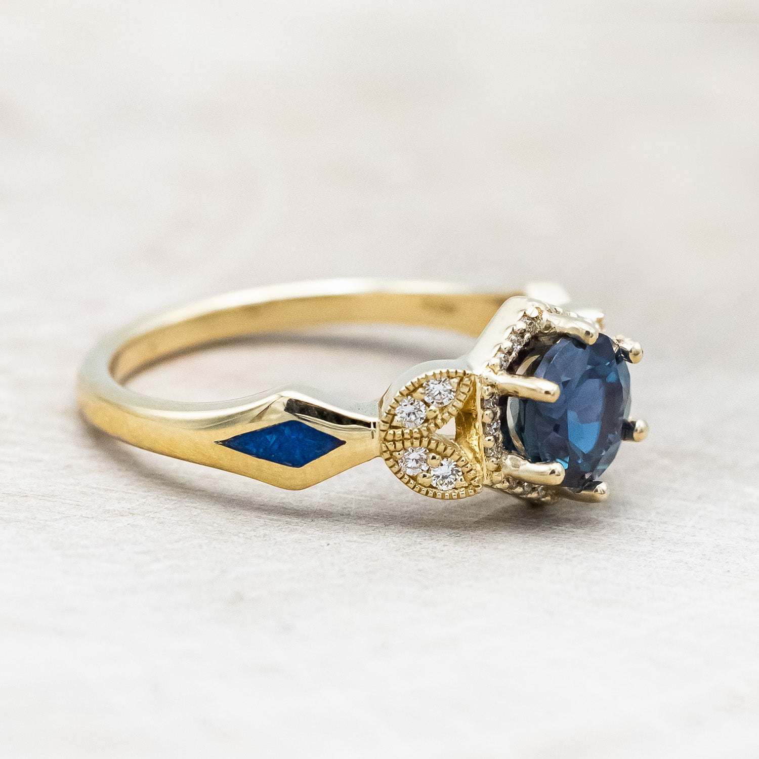 "LUCY IN THE SKY" PETITE - ROUND CUT LAB-GROWN ALEXANDRITE ENGAGEMENT RING WITH DIAMOND ACCENTS & BLUE OPAL INLAYS-Staghead Designs