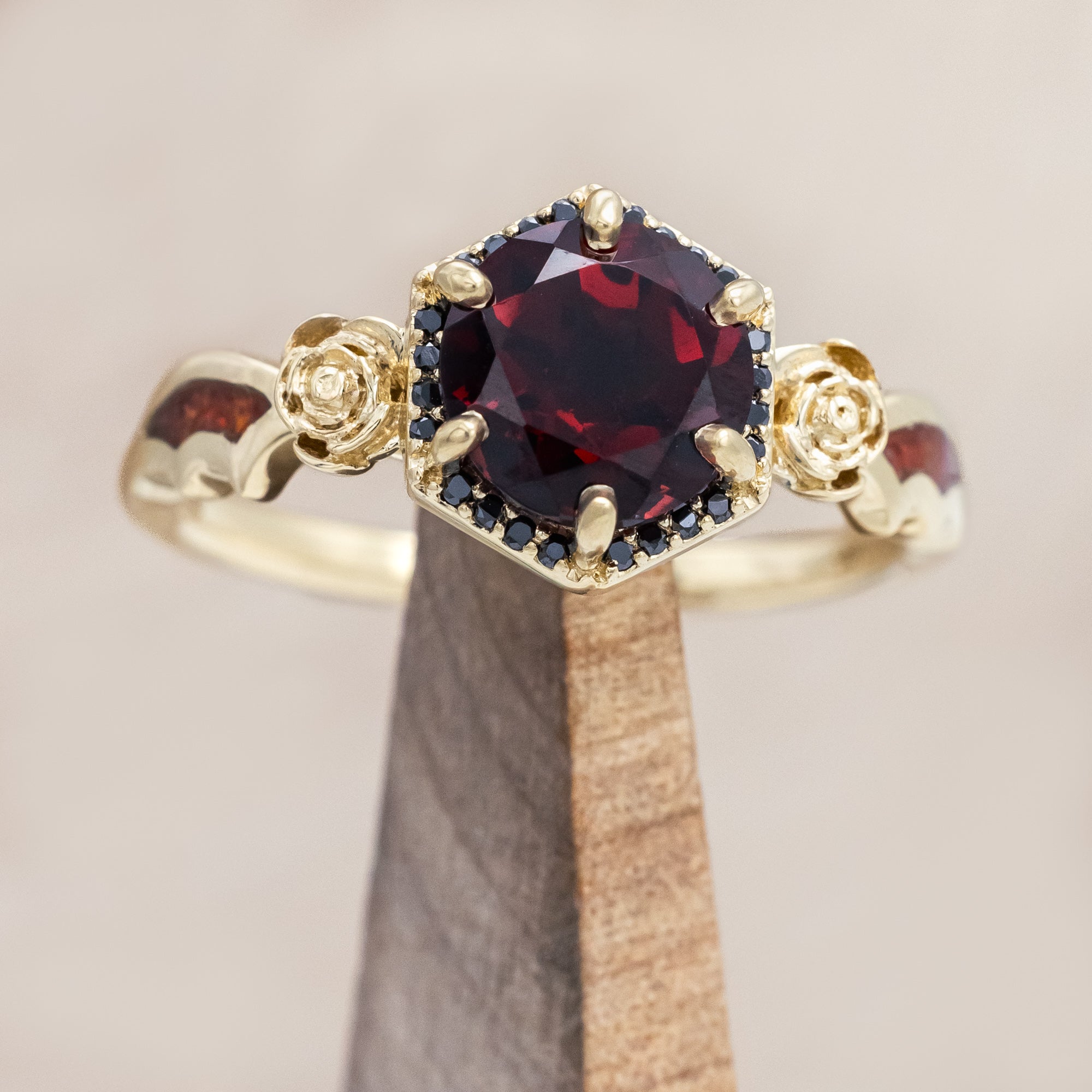 "LUCY IN THE SKY" - ROUND CUT GARNET ENGAGEMENT RING WITH BLACK DIAMONDS, ROSE ACCENTS & BAT WING SHAPED RED OPAL INLAYS-Staghead Designs