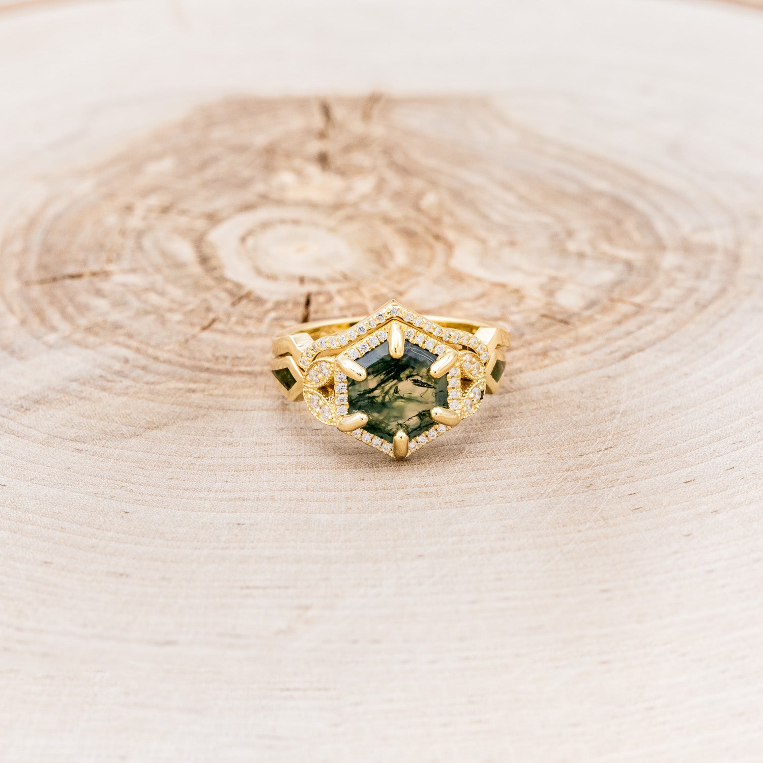 "LUCY IN THE SKY" - HEXAGON MOSS AGATE ENGAGEMENT RING WITH DIAMOND HALO, MOSS INLAYS & DIAMOND TRACER-4