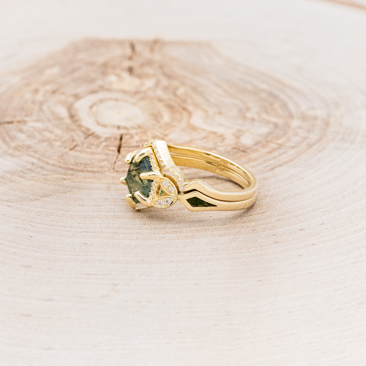 "LUCY IN THE SKY" - HEXAGON MOSS AGATE ENGAGEMENT RING WITH DIAMOND HALO, MOSS INLAYS & DIAMOND TRACER-3