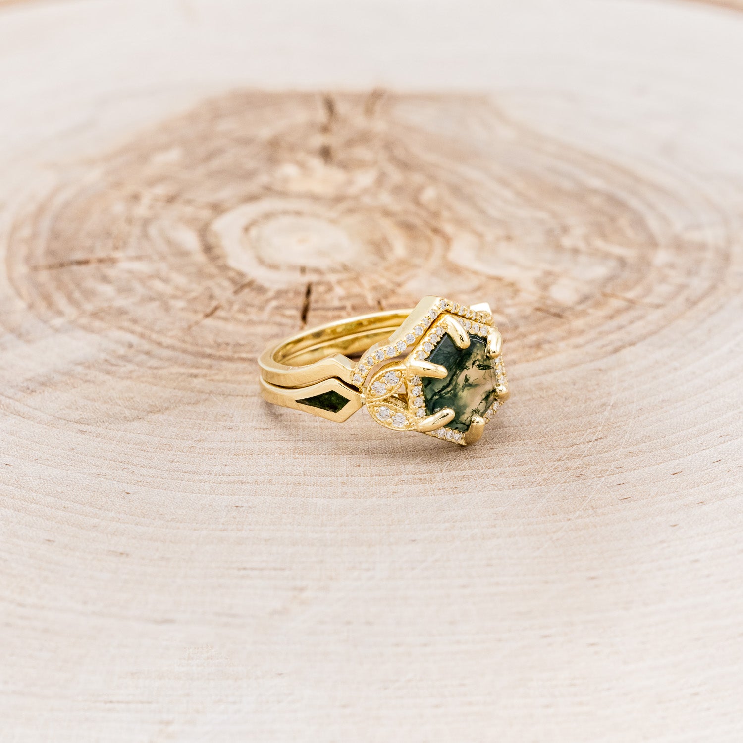 "LUCY IN THE SKY" - HEXAGON MOSS AGATE ENGAGEMENT RING WITH DIAMOND HALO, MOSS INLAYS & DIAMOND TRACER-2