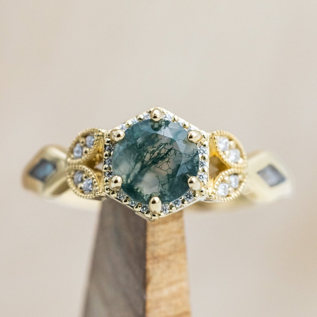 "LUCY IN THE SKY" PETITE - ROUND MOSS AGATE ENGAGEMENT RING WITH DIAMOND HALO & MOTHER OF PEARL INLAYS-Staghead Designs