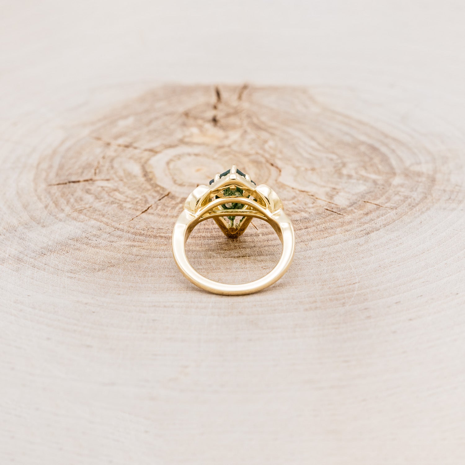 "LUCY IN THE SKY" - KITE CUT MOSS AGATE ENGAGEMENT RING WITH DIAMOND HALO & MOSS INLAYS-5