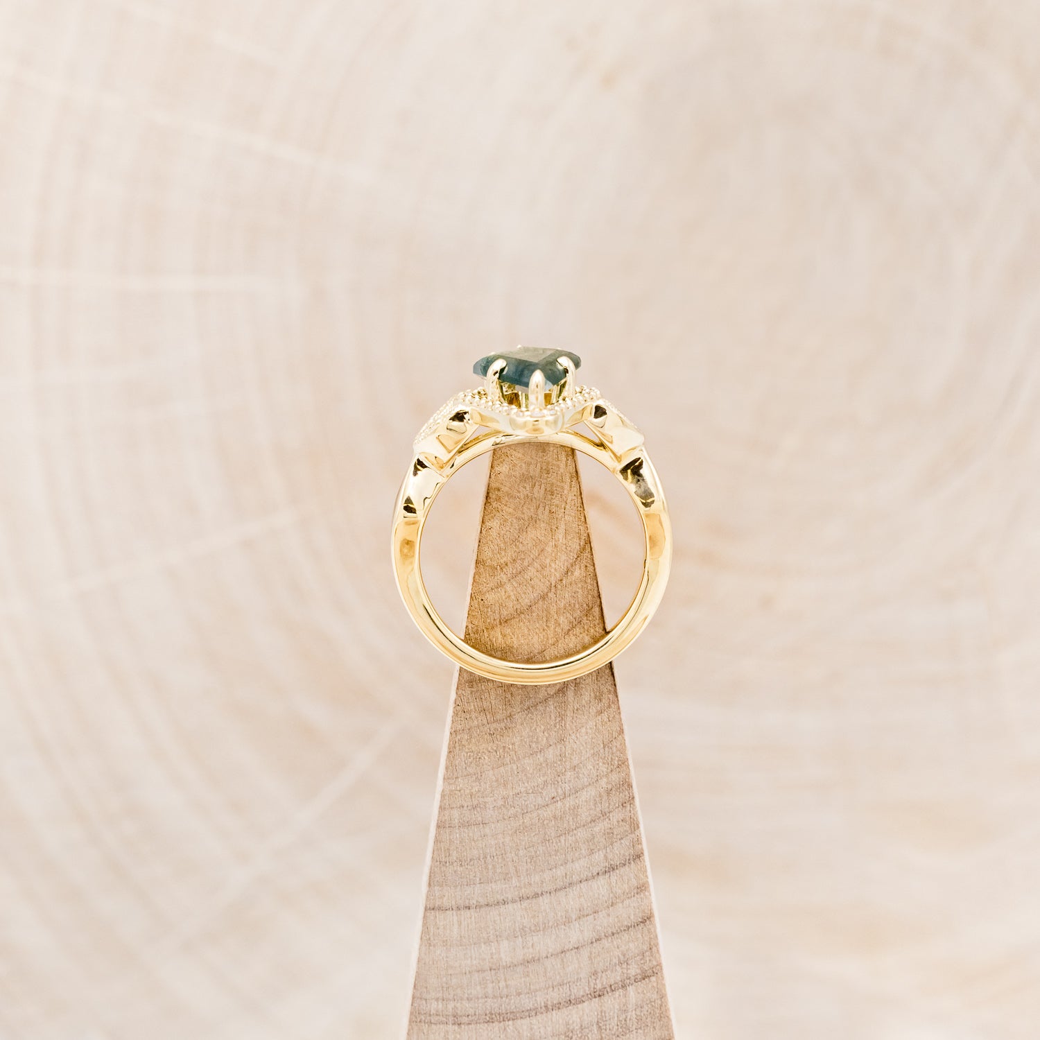 "LUCY IN THE SKY" - KITE CUT MOSS AGATE ENGAGEMENT RING WITH DIAMOND HALO & MOSS INLAYS-6