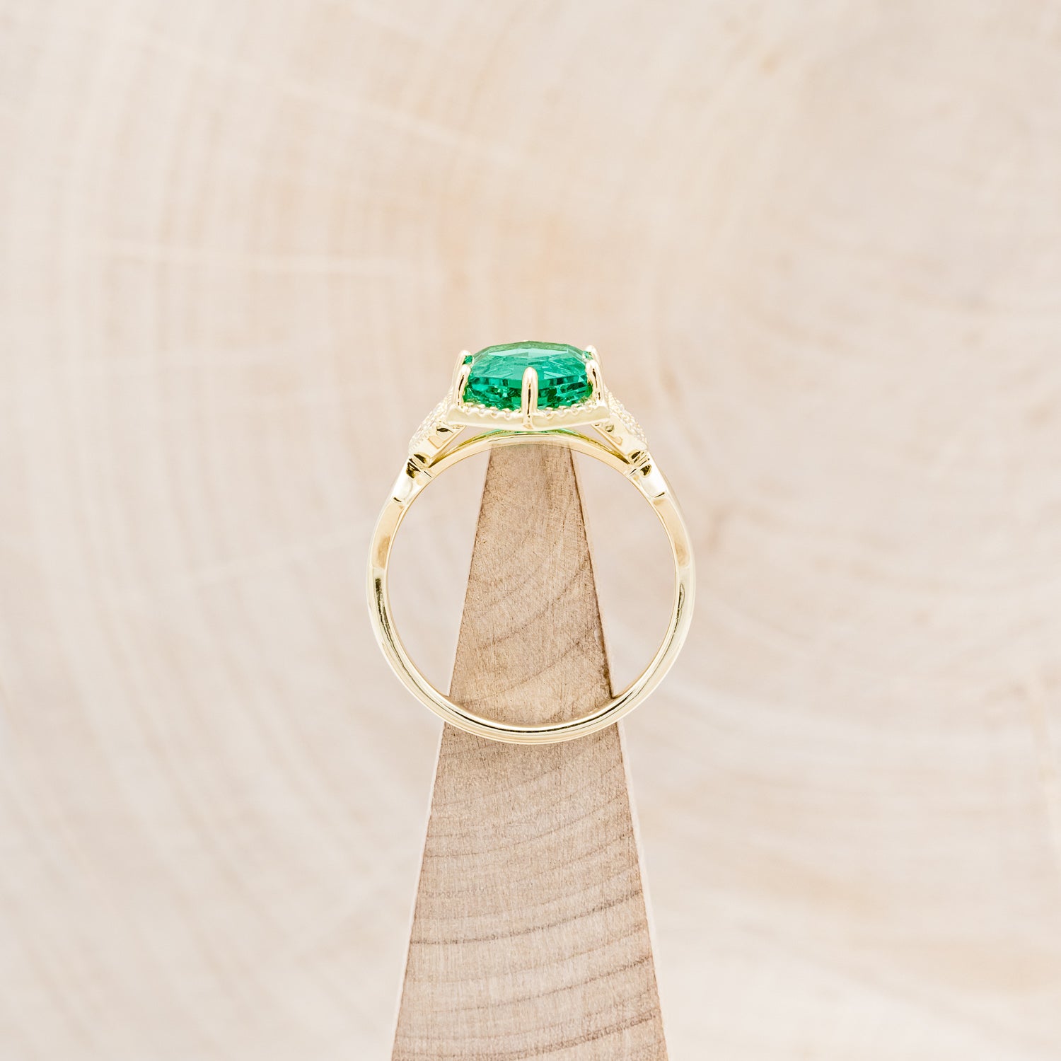 "LUCY IN THE SKY" - HEXAGON LAB GROWN EMERALD ENGAGEMENT RING WITH DIAMOND HALO & MOSS INLAYS-6