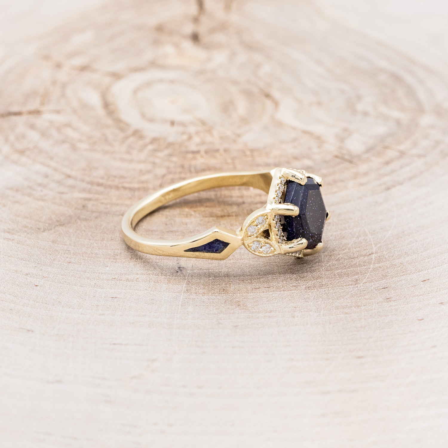 "LUCY IN THE SKY" - HEXAGON BLUE GOLDSTONE ENGAGEMENT RING WITH DIAMOND HALO & GOLDSTONE INLAYS-2