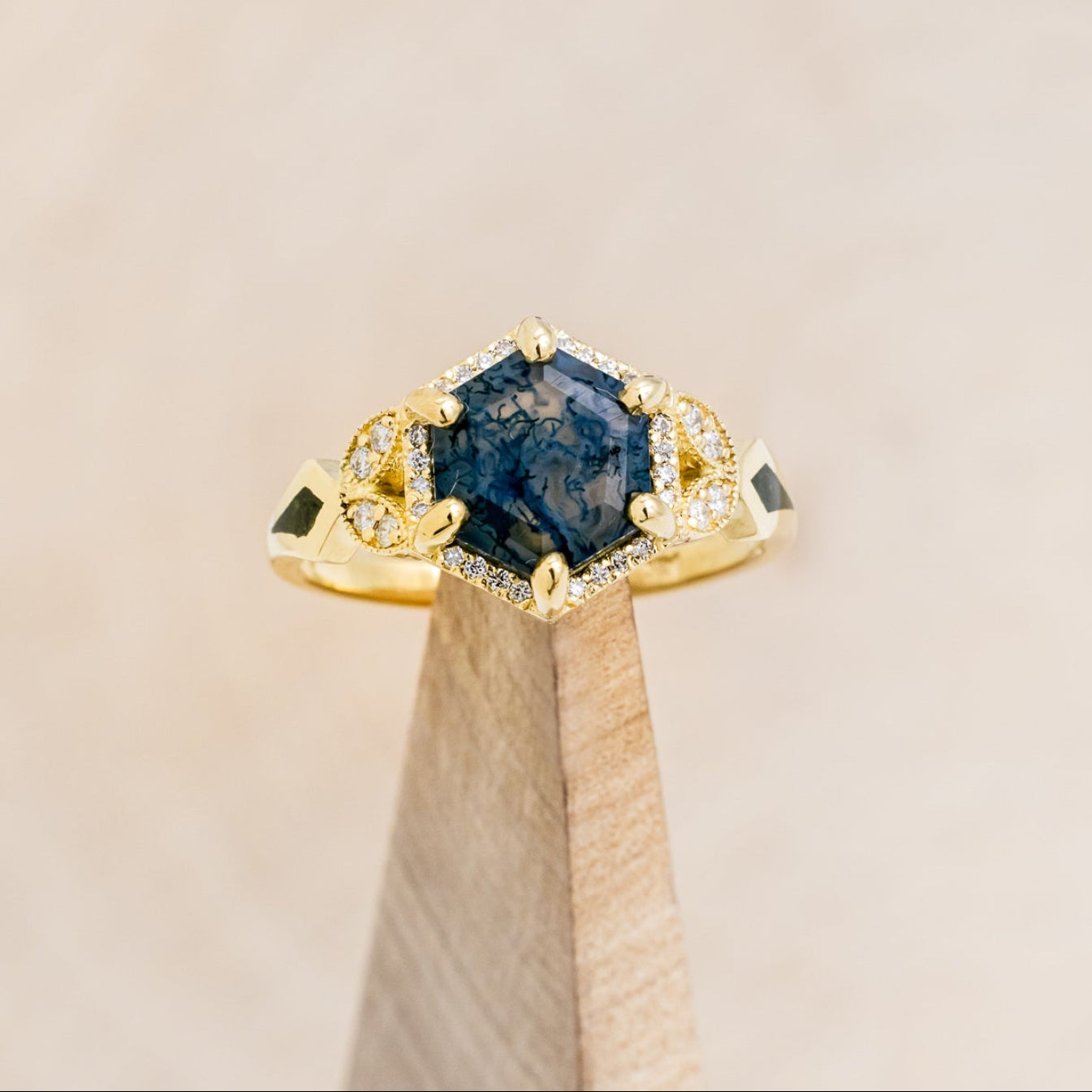 "LUCY IN THE SKY" - HEXAGON MOSS AGATE ENGAGEMENT RING WITH DIAMOND HALO, MOSS INLAYS & THE "RAYA" RING GUARD-24