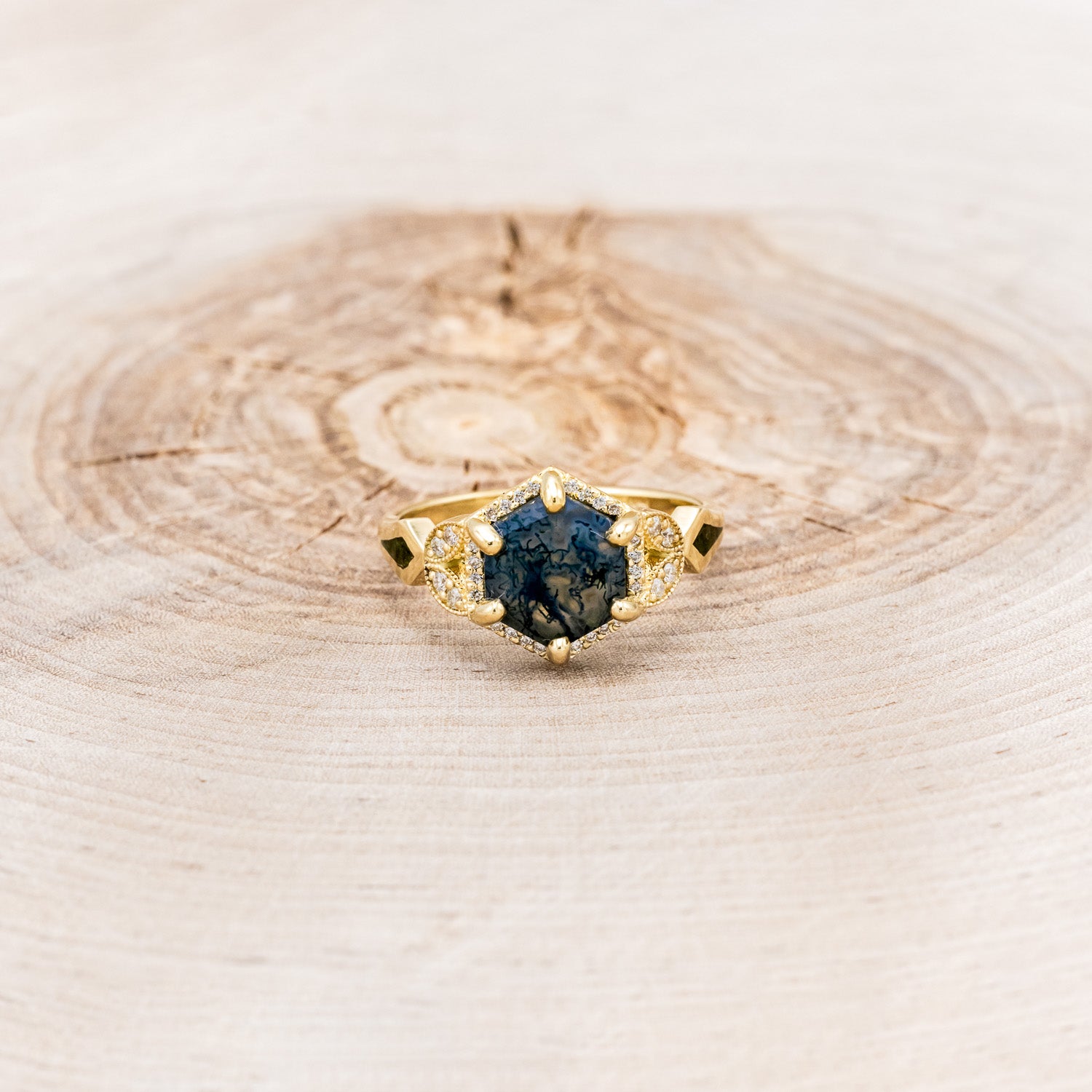 "LUCY IN THE SKY" - HEXAGON MOSS AGATE ENGAGEMENT RING WITH DIAMOND HALO, MOSS INLAYS & THE "RAYA" RING GUARD-27