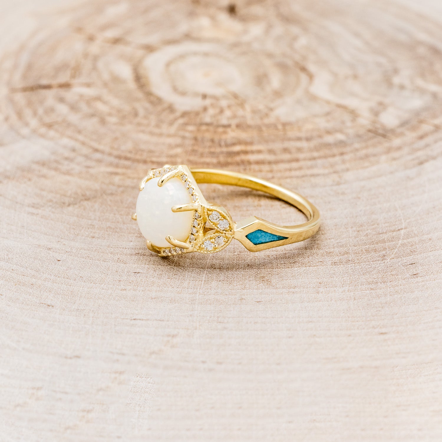 "LUCY IN THE SKY" - ROUND CUT WHITE OPAL ENGAGEMENT RING WITH DIAMOND ACCENTS & TURQUOISE INLAYS-3