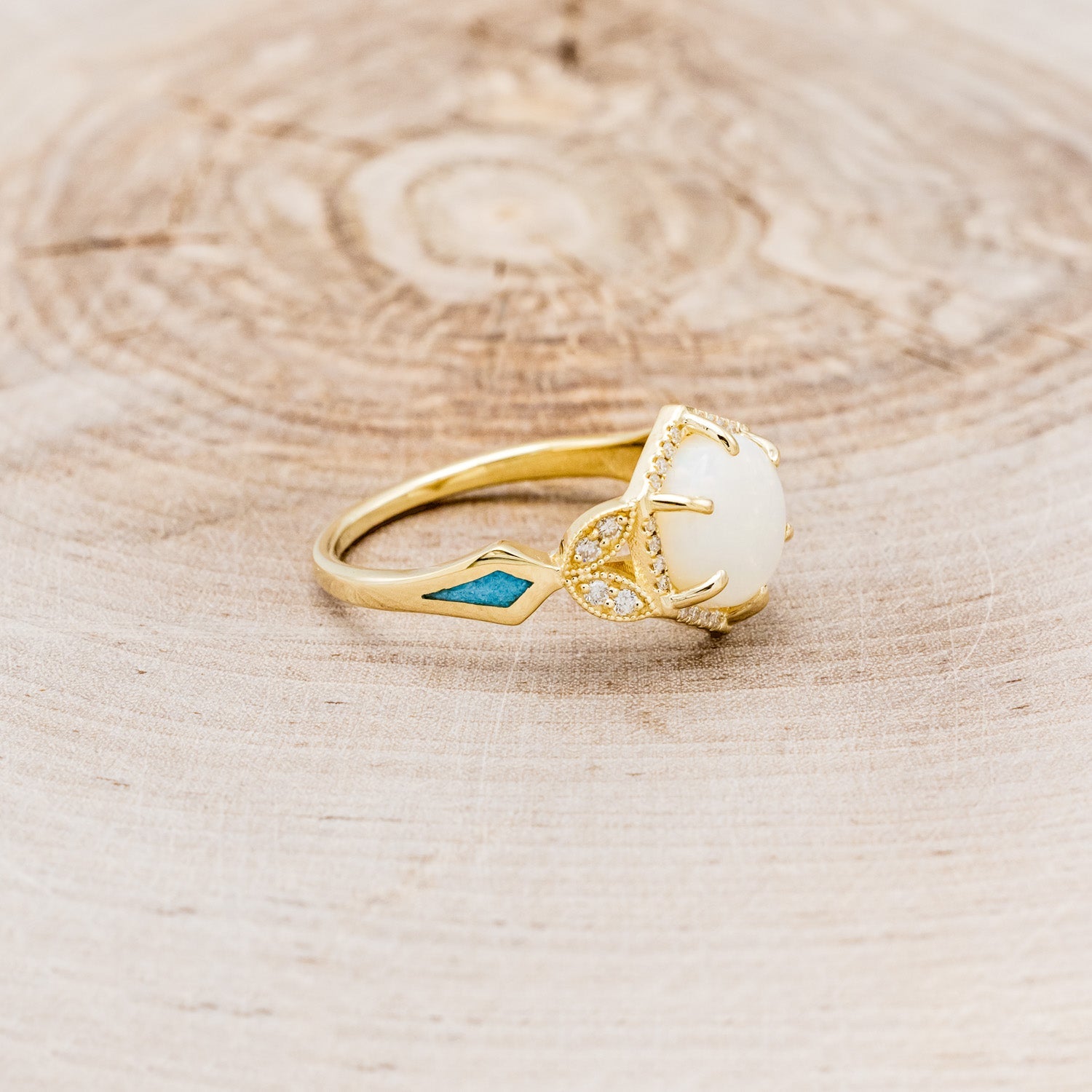 "LUCY IN THE SKY" - ROUND CUT WHITE OPAL ENGAGEMENT RING WITH DIAMOND ACCENTS & TURQUOISE INLAYS-2