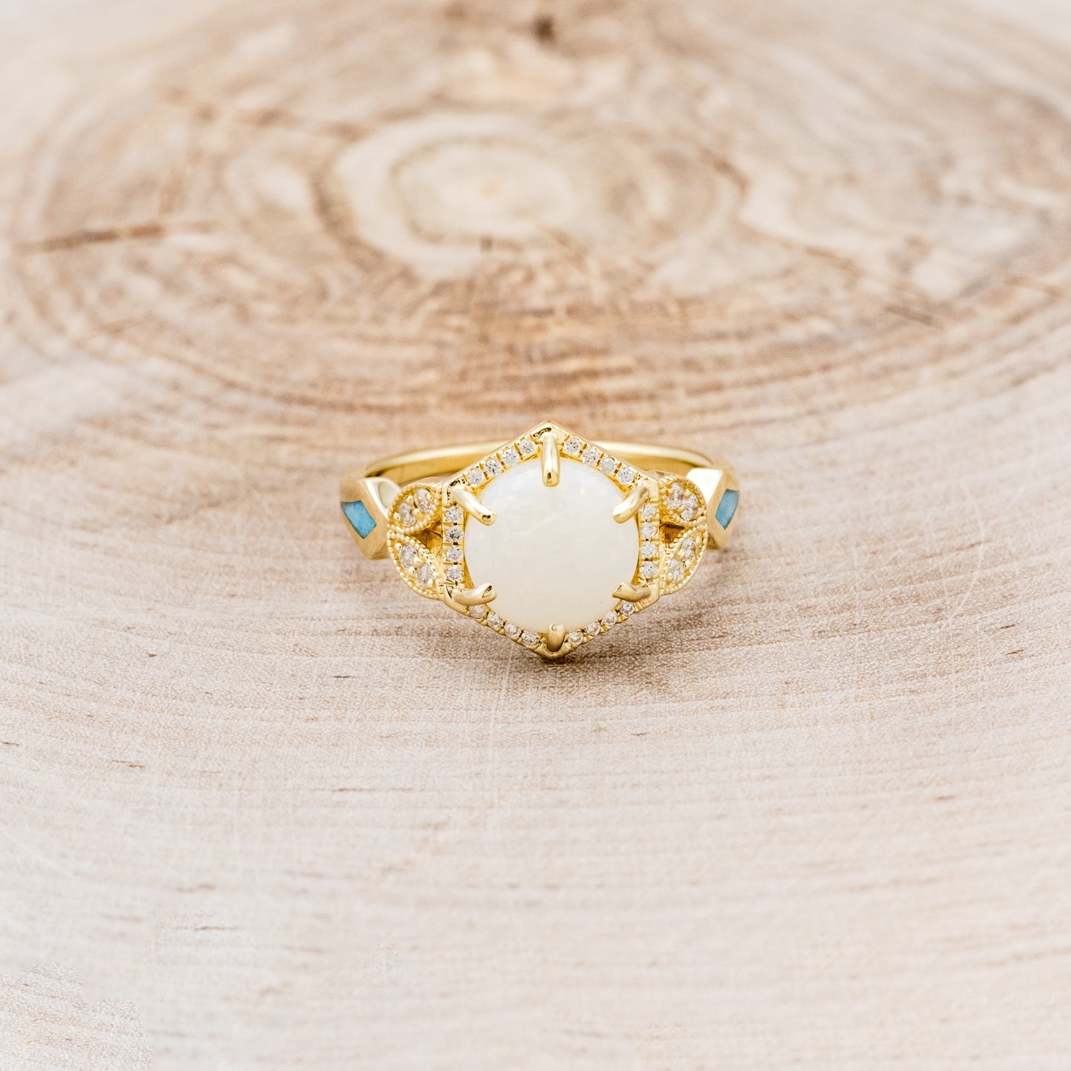 "LUCY IN THE SKY" - ROUND CUT WHITE OPAL ENGAGEMENT RING WITH DIAMOND ACCENTS & TURQUOISE INLAYS-4