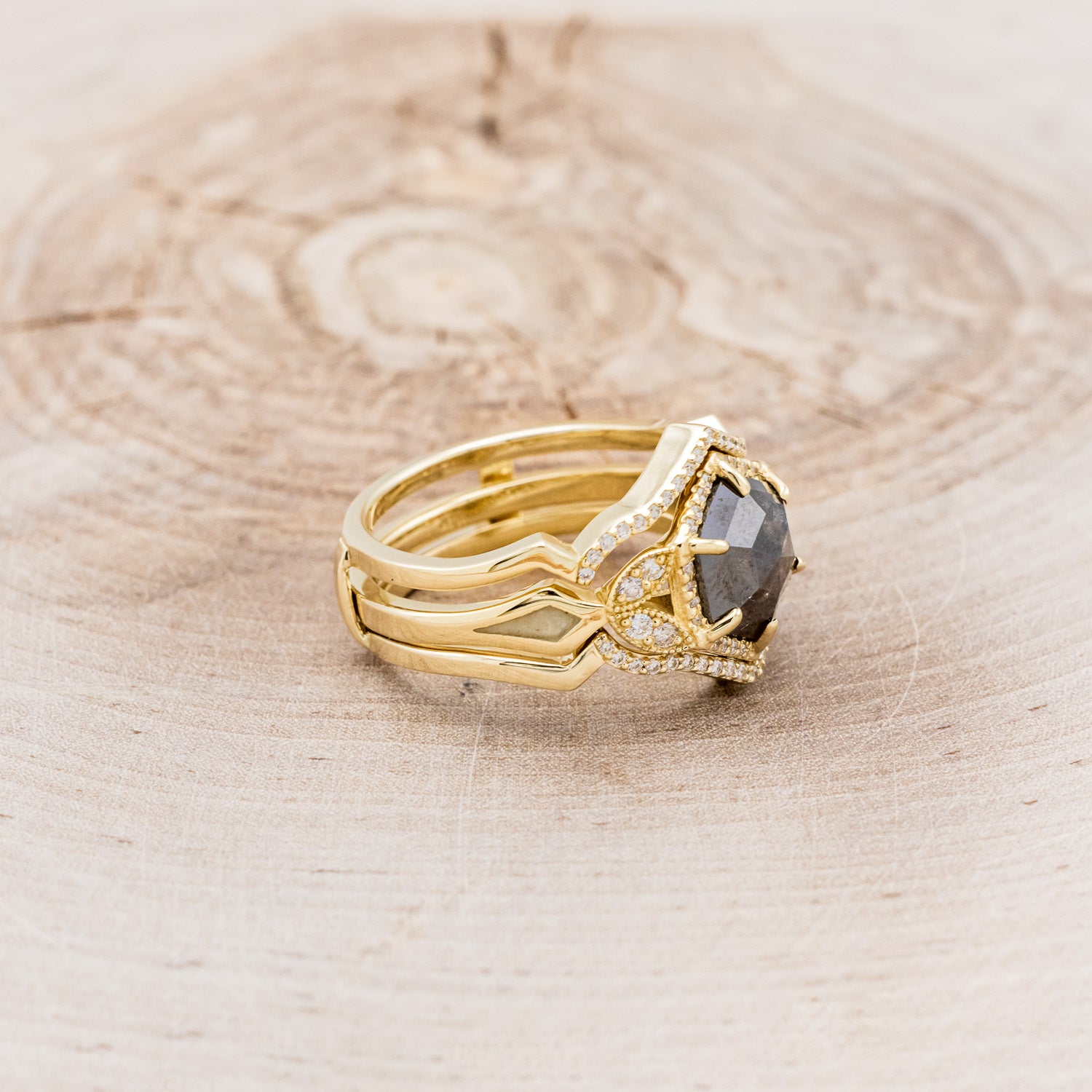 "LUCY IN THE SKY" - HEXAGON SALT & PEPPER DIAMOND ENGAGEMENT RING WITH DIAMOND ACCENTS, ANTLER INLAYS & RING GUARD-3