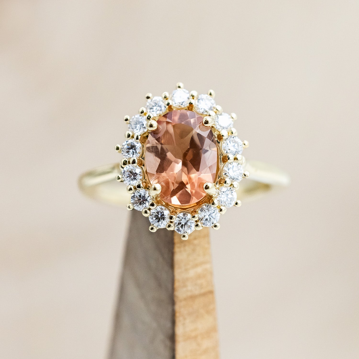 "MALINA" - OVAL OREGON SUNSTONE ENGAGEMENT RING WITH DIAMOND HALO-Staghead Designs