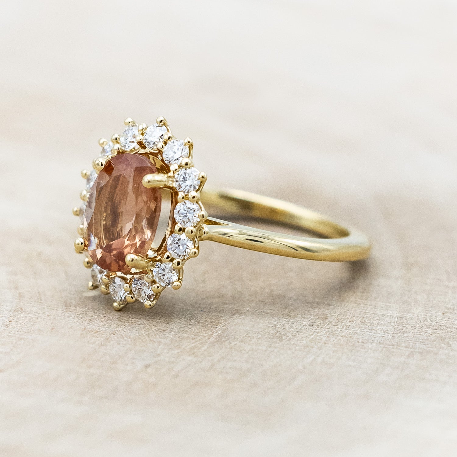 "MALINA" - OVAL OREGON SUNSTONE ENGAGEMENT RING WITH DIAMOND HALO-Staghead Designs