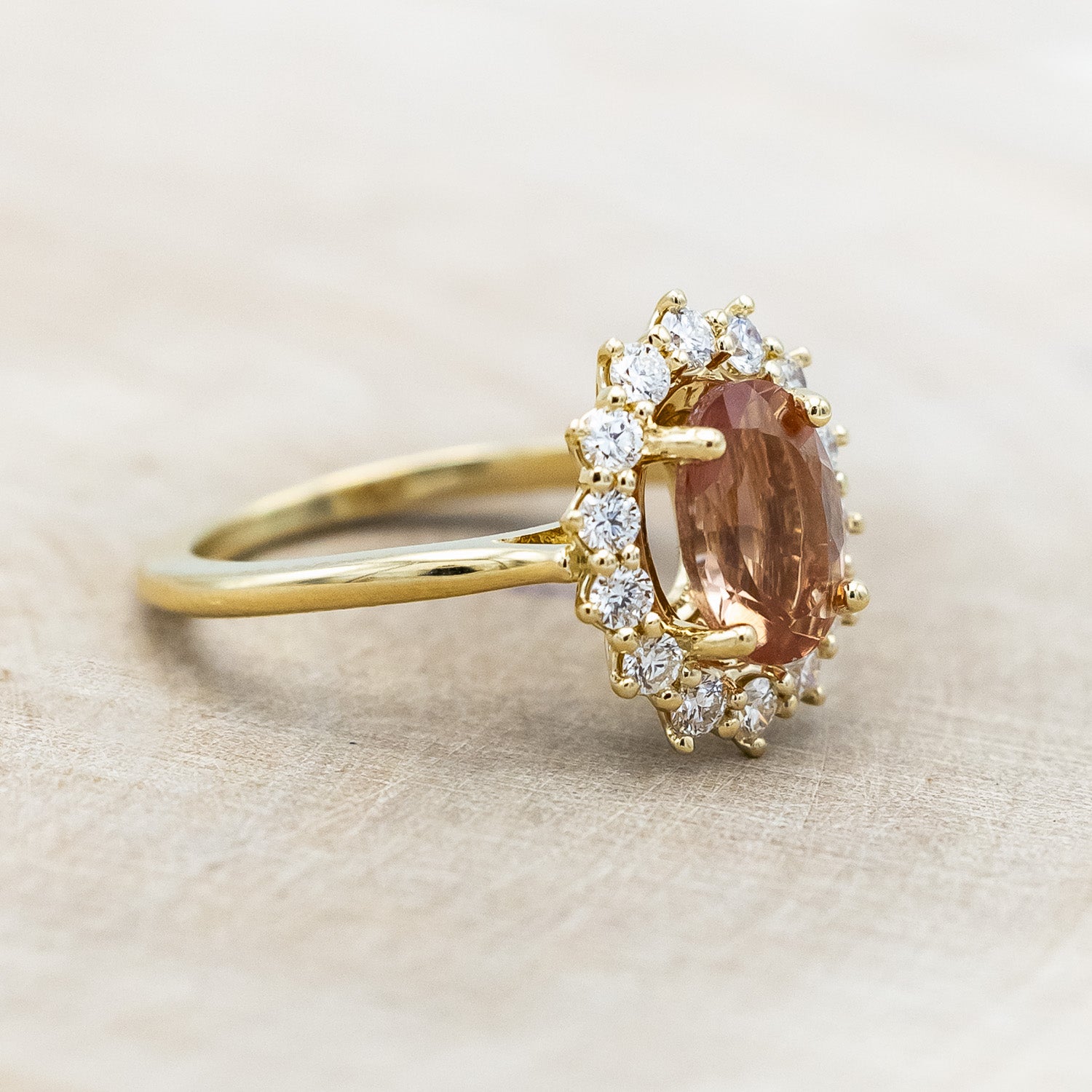 "MALINA" - OVAL OREGON SUNSTONE ENGAGEMENT RING WITH DIAMOND HALO-Staghead Designs