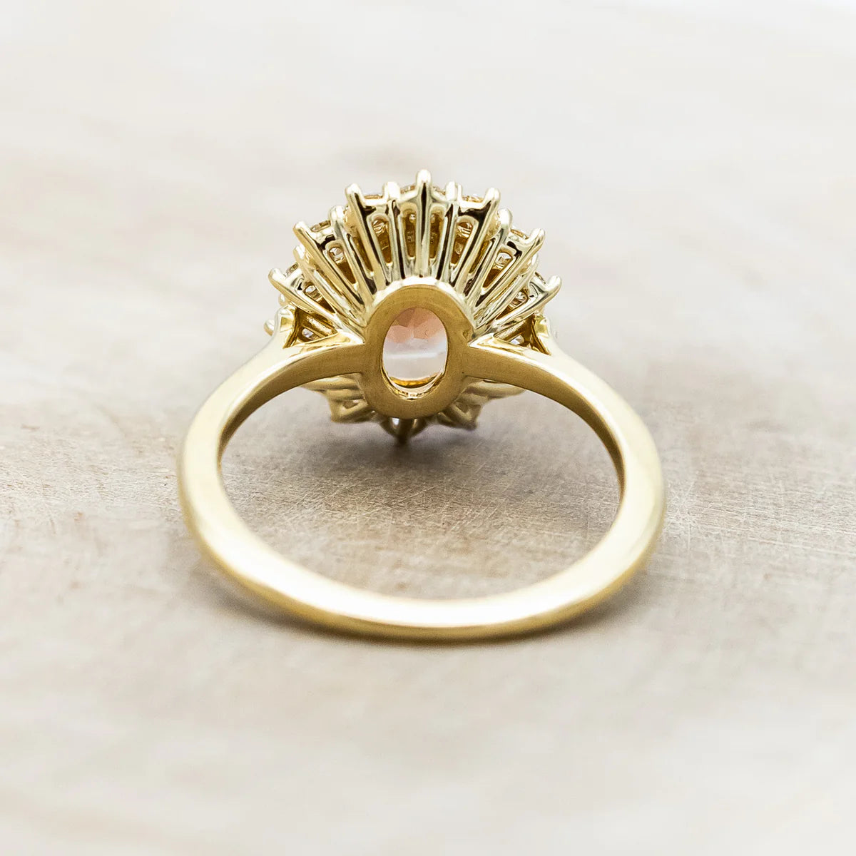 "Malina" - Oval Cut Oregon Sunstone Engagement Ring With Diamond Halo - 14K Yellow Gold - Size 6