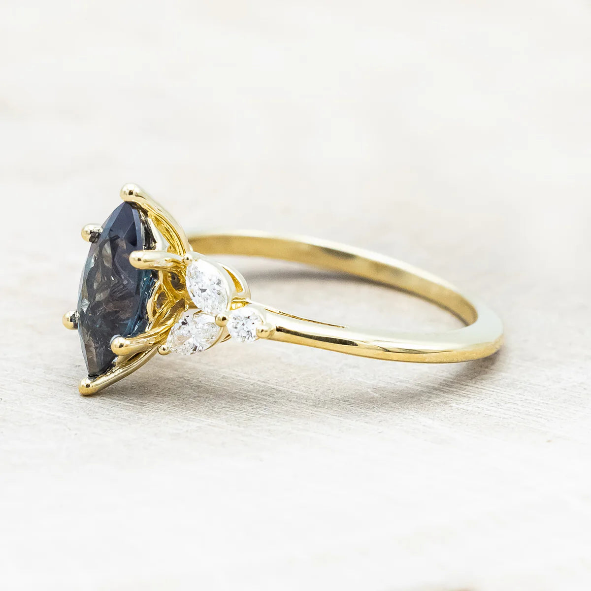 "Blossom" - Marquise Cut Lab-Grown Alexandrite Engagement Ring With Diamond Accents - 14K Yellow Gold - Size 7 1/4