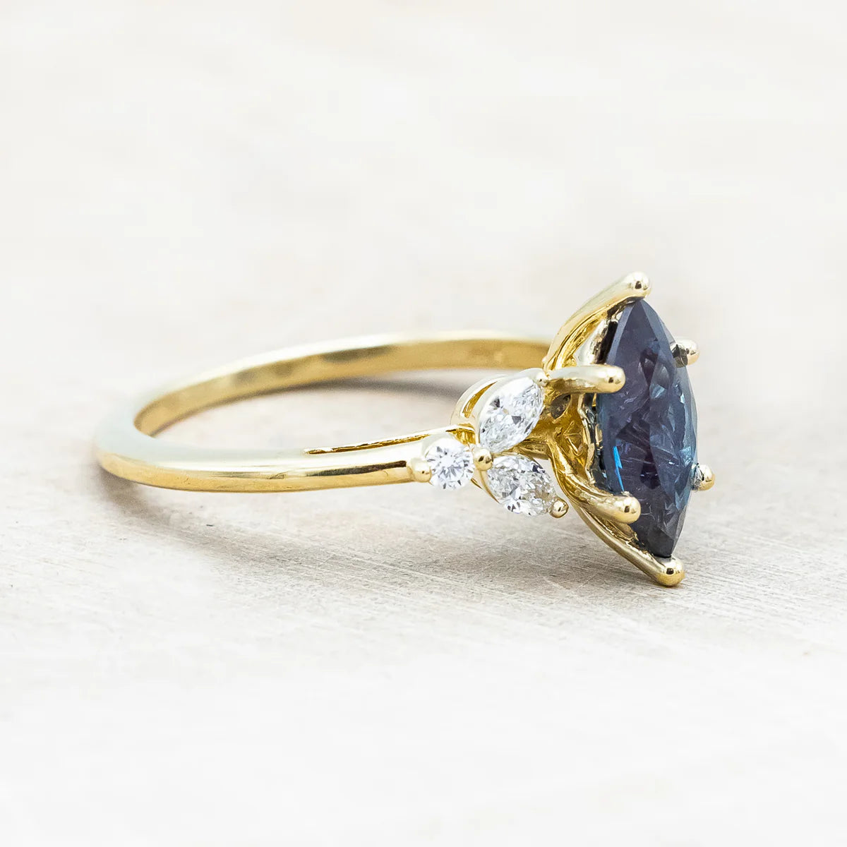 "Blossom" - Marquise Cut Lab-Grown Alexandrite Engagement Ring With Diamond Accents - 14K Yellow Gold - Size 7 1/4
