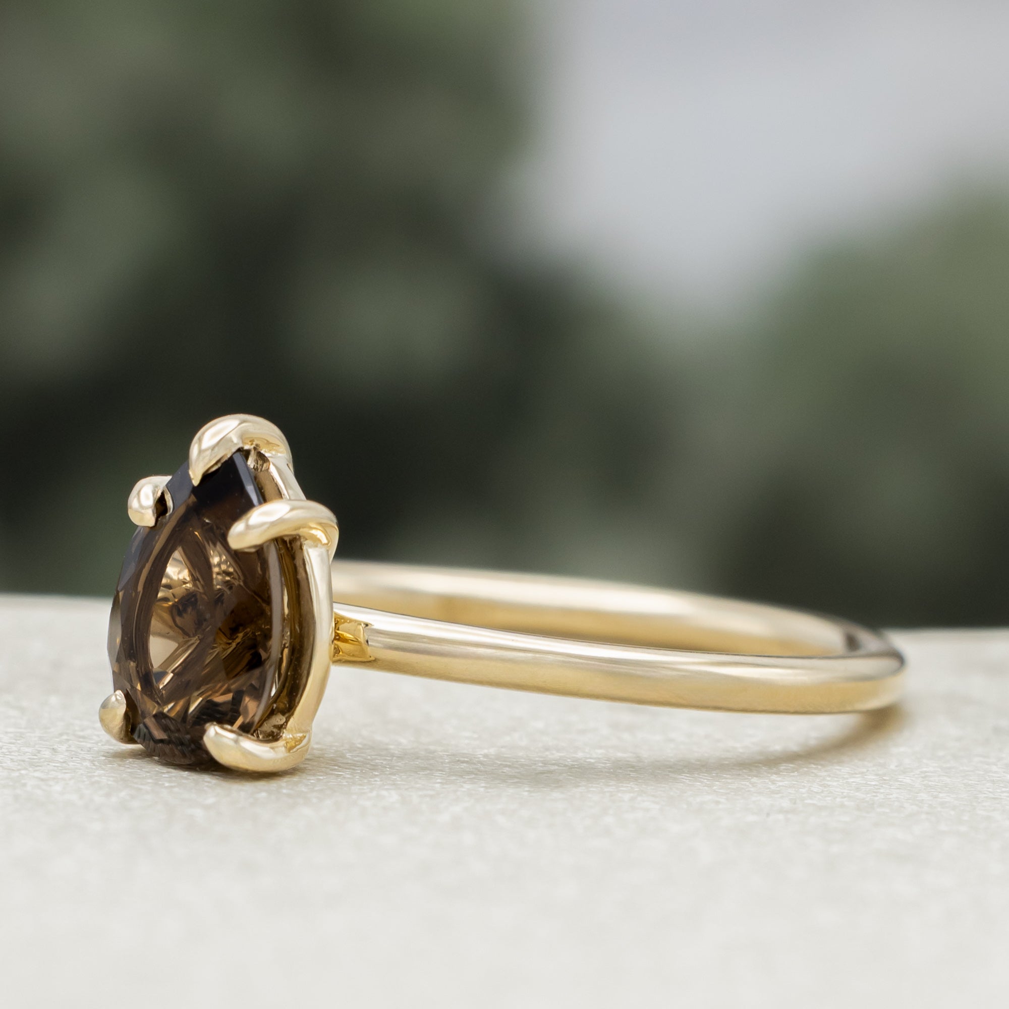 "Maven" - Claw Prong Pear Cut Smoky Quartz Solitaire Engagement Ring-Staghead Designs