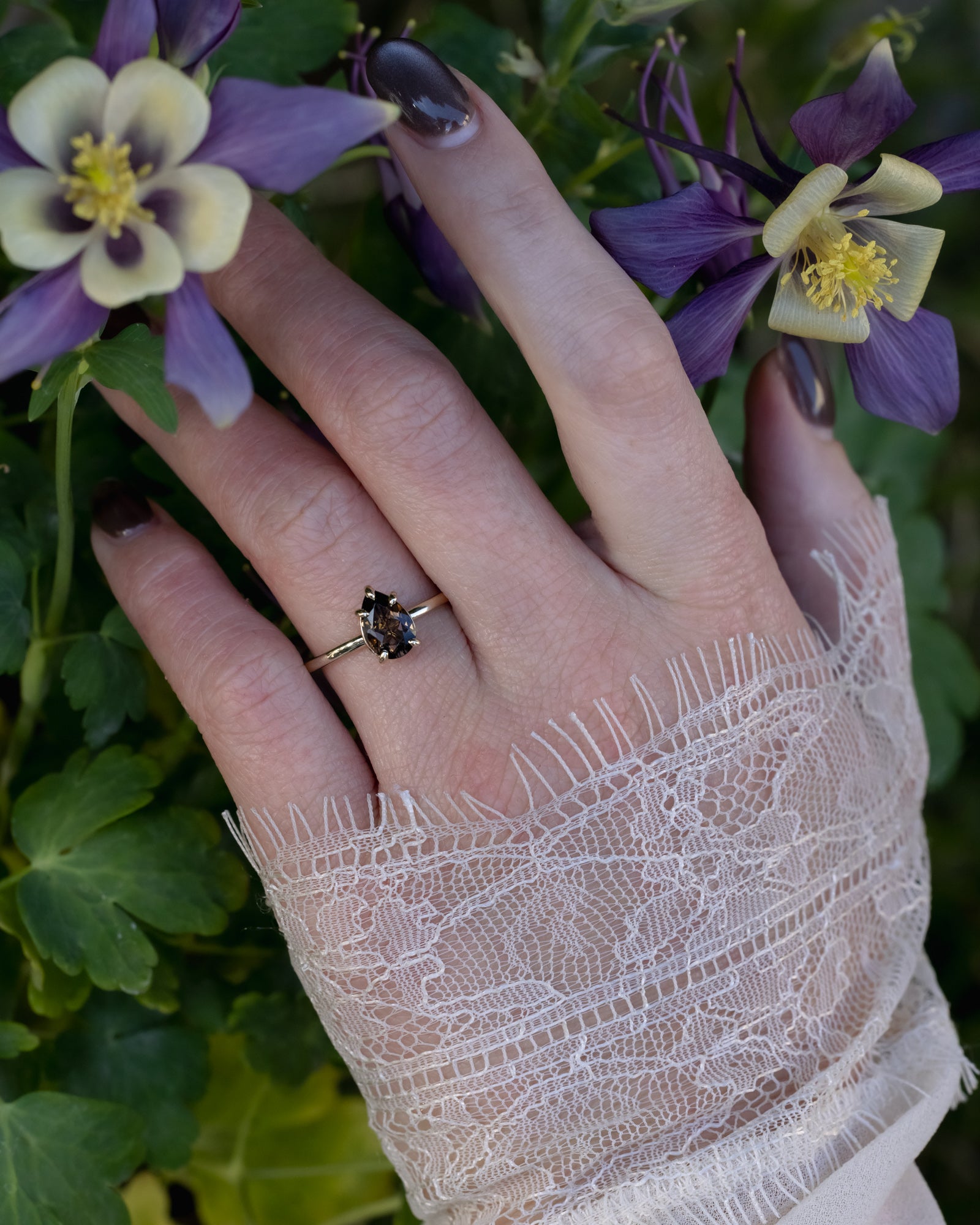 "Maven" - Claw Prong Pear Cut Smoky Quartz Solitaire Engagement Ring-Staghead Designs