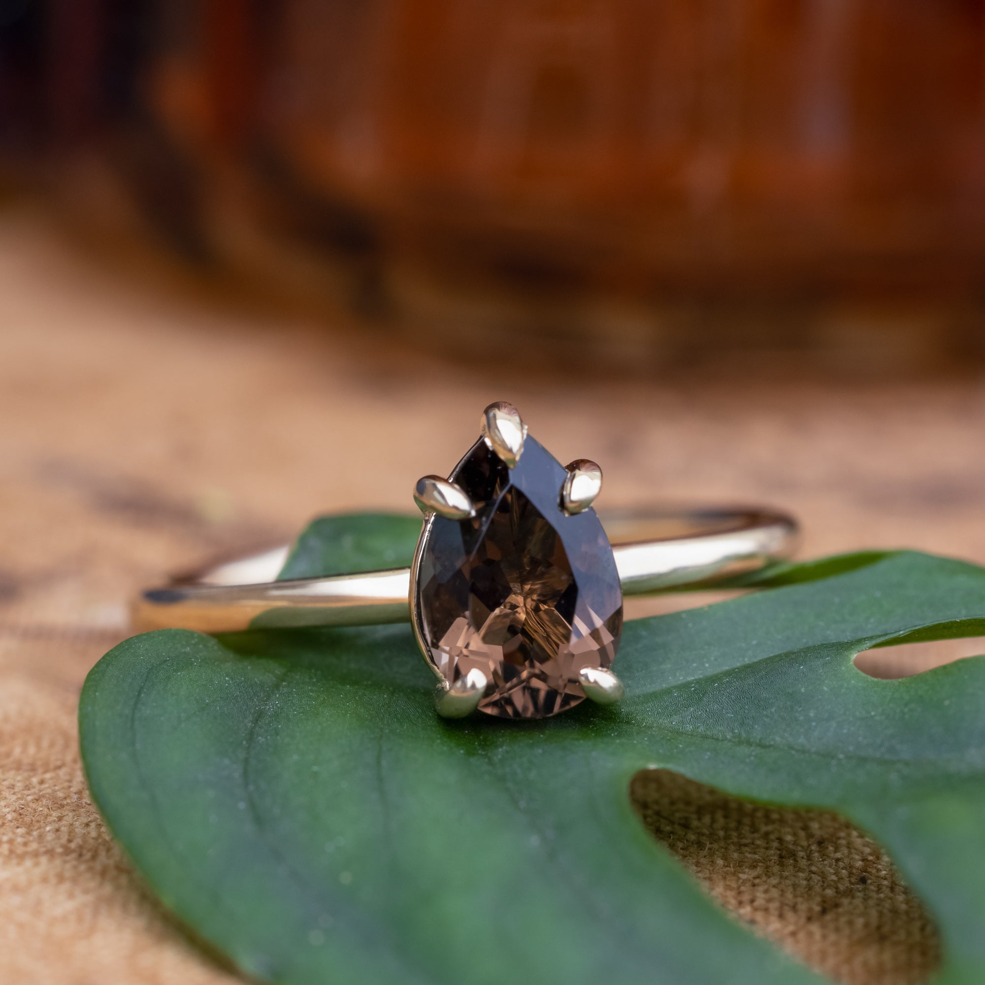 "Maven" - Claw Prong Pear Cut Smoky Quartz Solitaire Engagement Ring-Staghead Designs