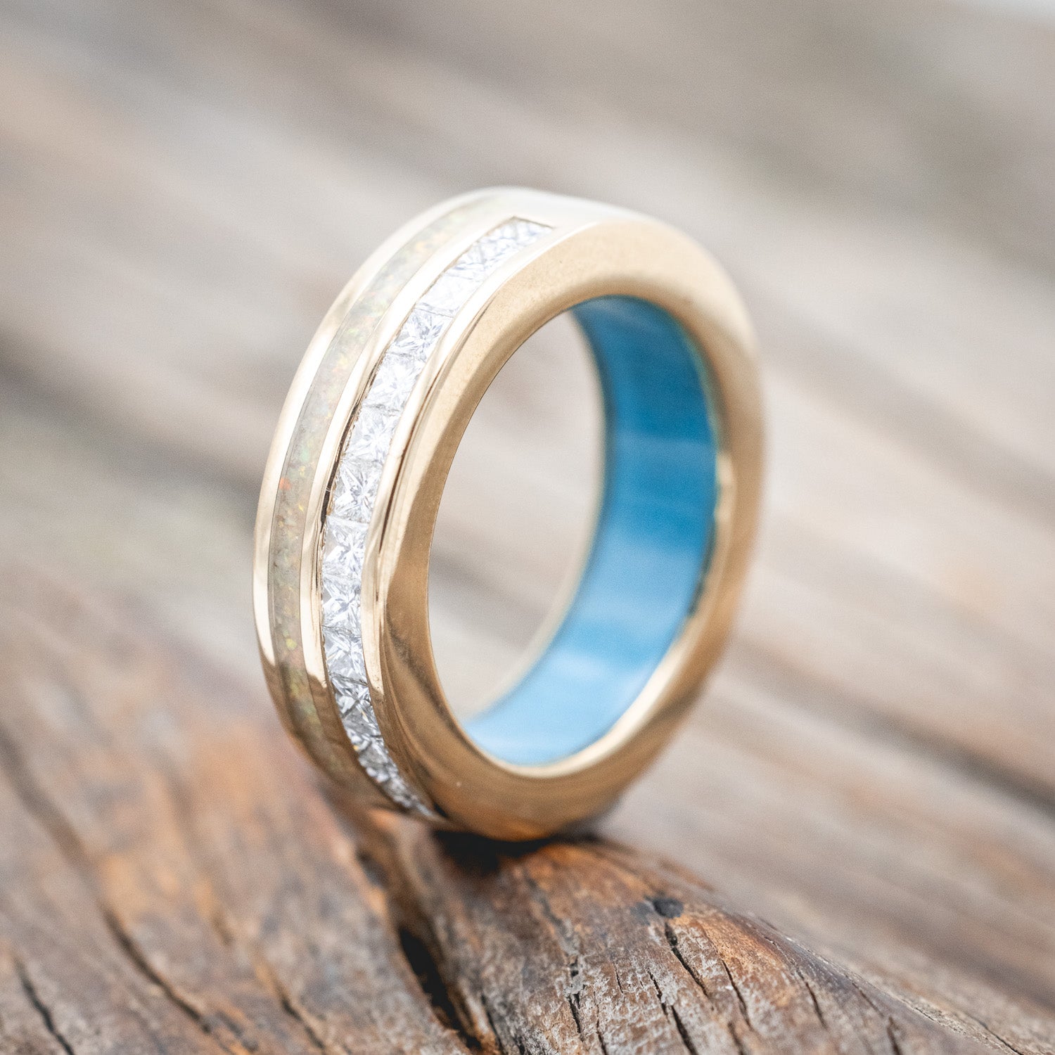 "MEMPHIS" - DIAMONDS & FIRE AND ICE OPAL WEDDING BAND FEATURING A TURQUOISE LINED 14K GOLD BAND-Staghead Designs