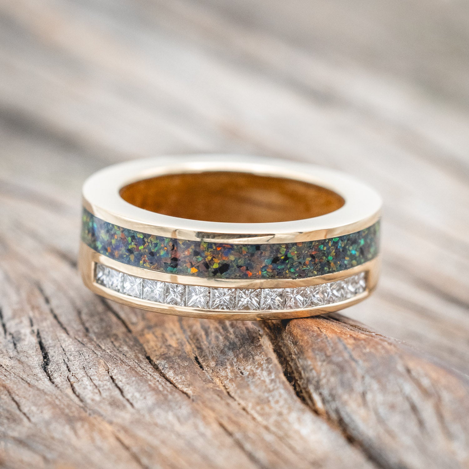"MEMPHIS" - DIAMONDS & BLACK FIRE OPAL WEDDING BAND FEATURING A WHISKEY BARREL LINED 14K GOLD BAND-Staghead Designs