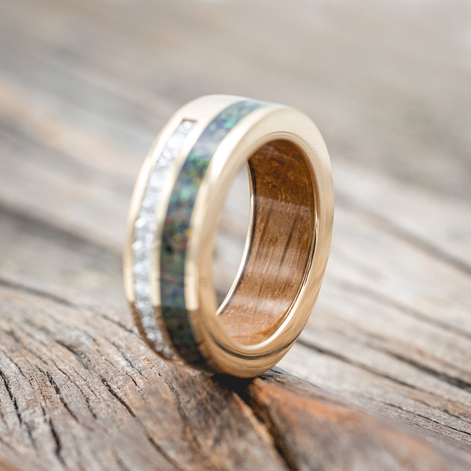 "MEMPHIS" - DIAMONDS & BLACK FIRE OPAL WEDDING BAND FEATURING A WHISKEY BARREL LINED 14K GOLD BAND-Staghead Designs