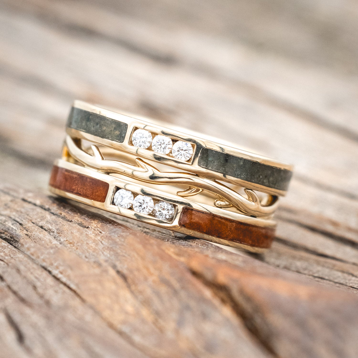 MEN'S "ARTEMIS" - MOSS AGATE & REDWOOD WEDDING RING WITH DIAMONDS ON A 14K GOLD BAND-Staghead Designs