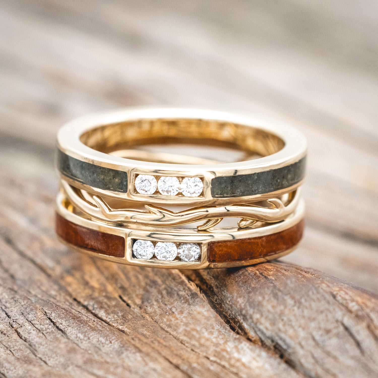 MEN'S "ARTEMIS" - MOSS AGATE & REDWOOD WEDDING RING WITH DIAMONDS ON A 14K GOLD BAND-Staghead Designs