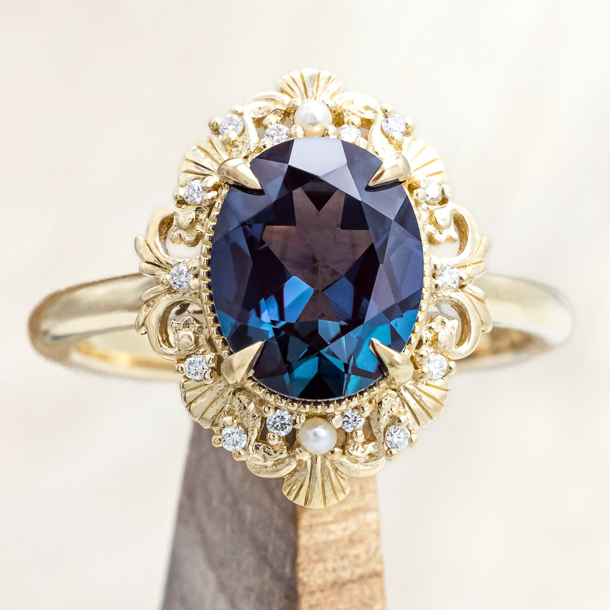 "MERROW" - OVAL CUT ENGAGEMENT RING WITH PEARL ACCENTS AND DIAMOND TRACER-Staghead Designs