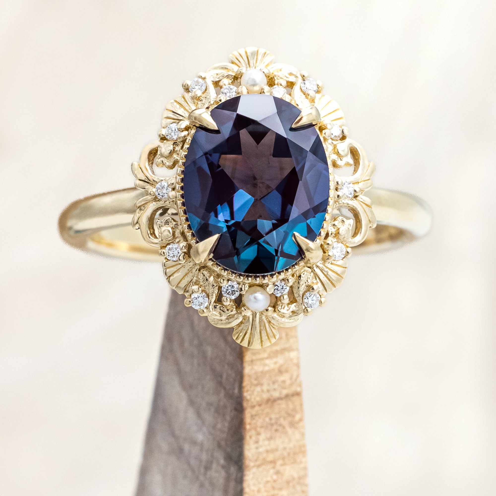 "MERROW" - OVAL CUT ENGAGEMENT RING WITH PEARL ACCENTS AND DIAMOND TRACER-Staghead Designs