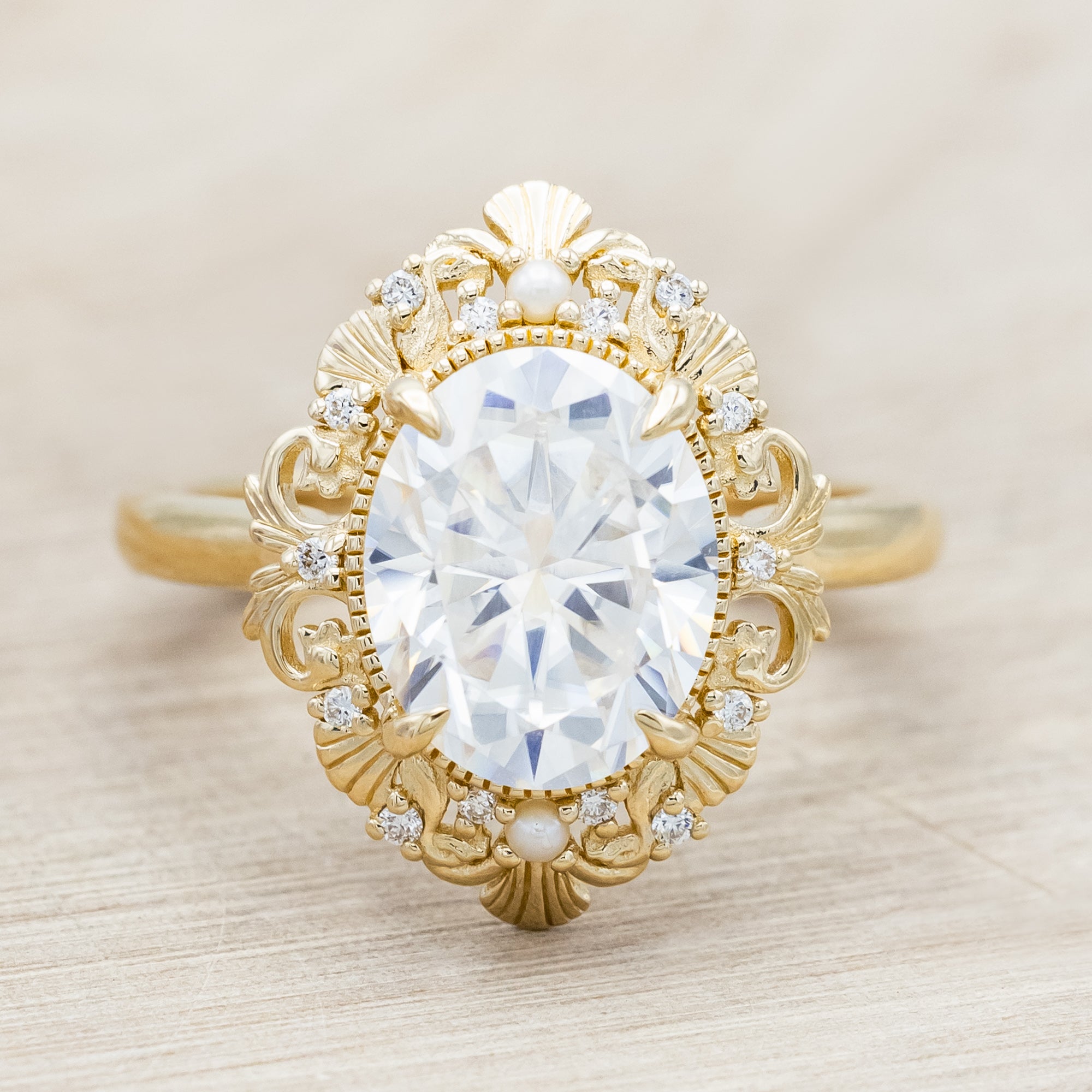 "MERROW" - OVAL CUT ENGAGEMENT RING WITH PEARL ACCENTS AND DIAMOND TRACER-Staghead Designs