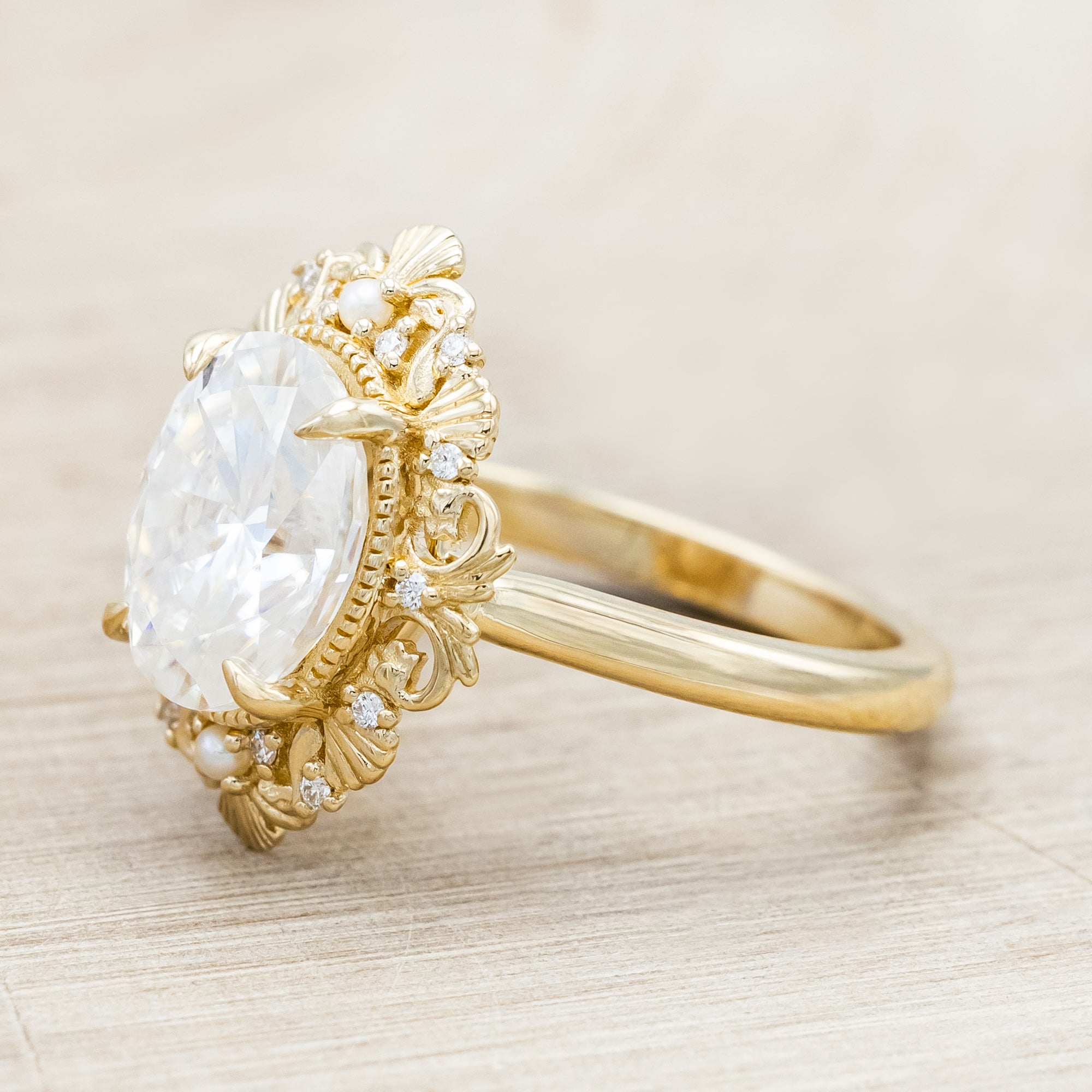 "MERROW" - OVAL CUT ENGAGEMENT RING WITH PEARL ACCENTS AND DIAMOND TRACER-Staghead Designs