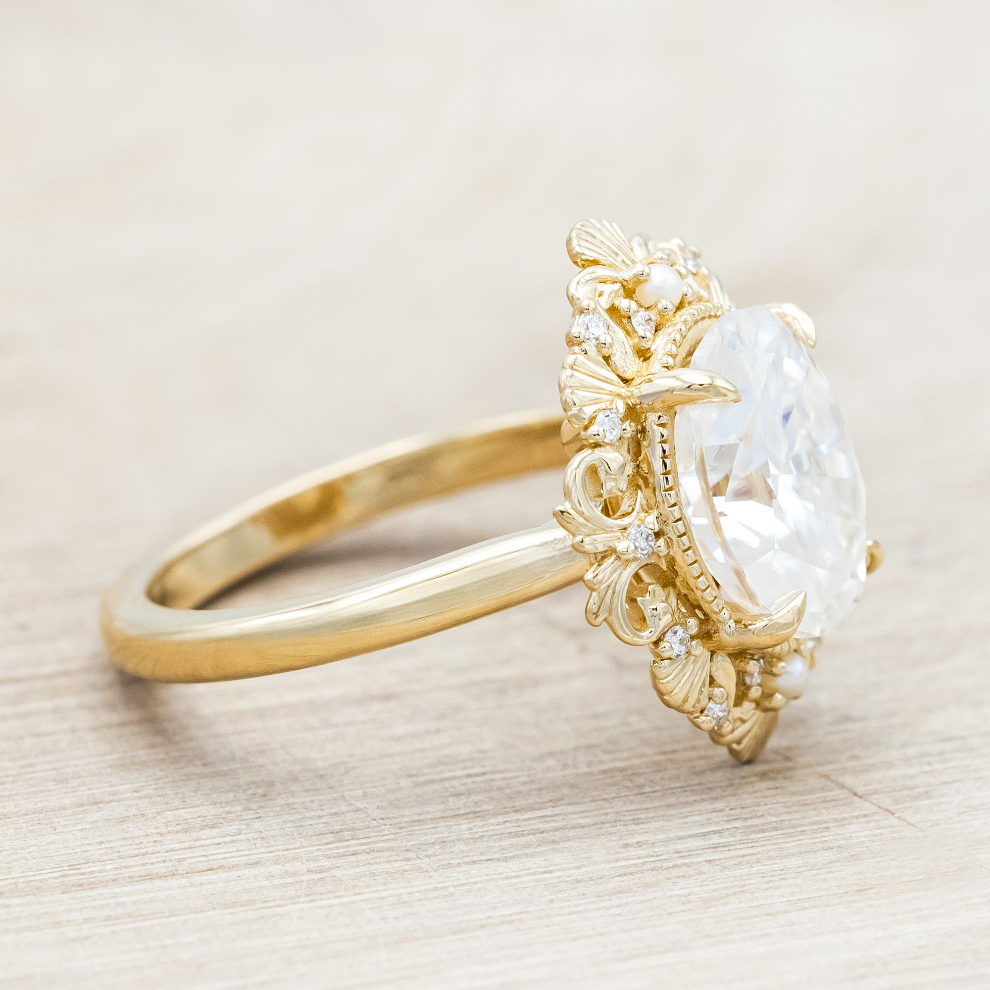 "MERROW" - OVAL CUT ENGAGEMENT RING WITH PEARL ACCENTS AND DIAMOND TRACER-Staghead Designs