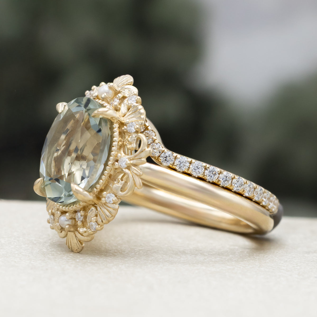 "Merrow" - Oval Cut Prasiolite Engagement Ring With Pearl Accents And Diamond Tracer-Staghead Designs