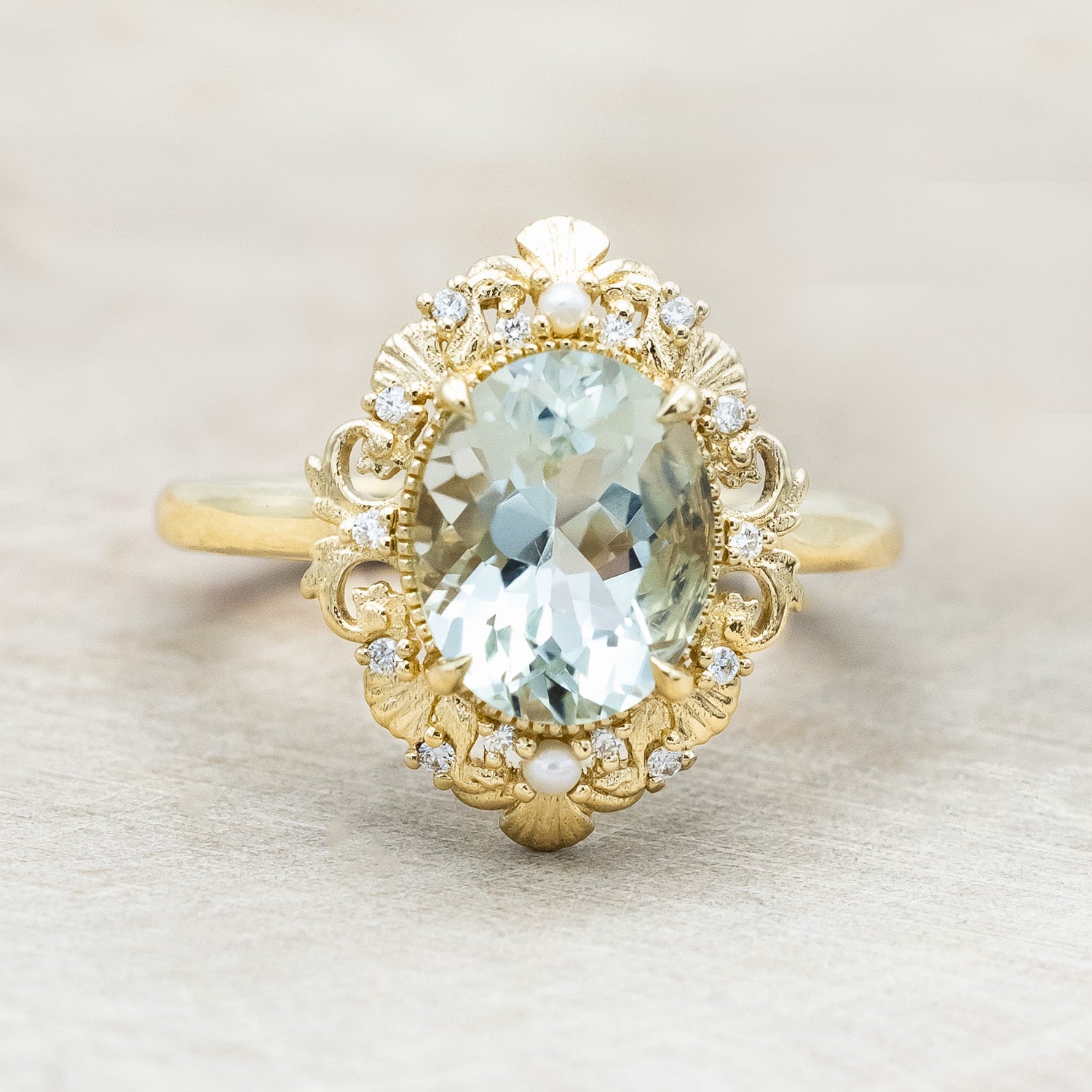 "MERROW" - OVAL GREEN PRASIOLITE ENGAGEMENT RING WITH DIAMOND & PEARL ACCENTS-Staghead Designs