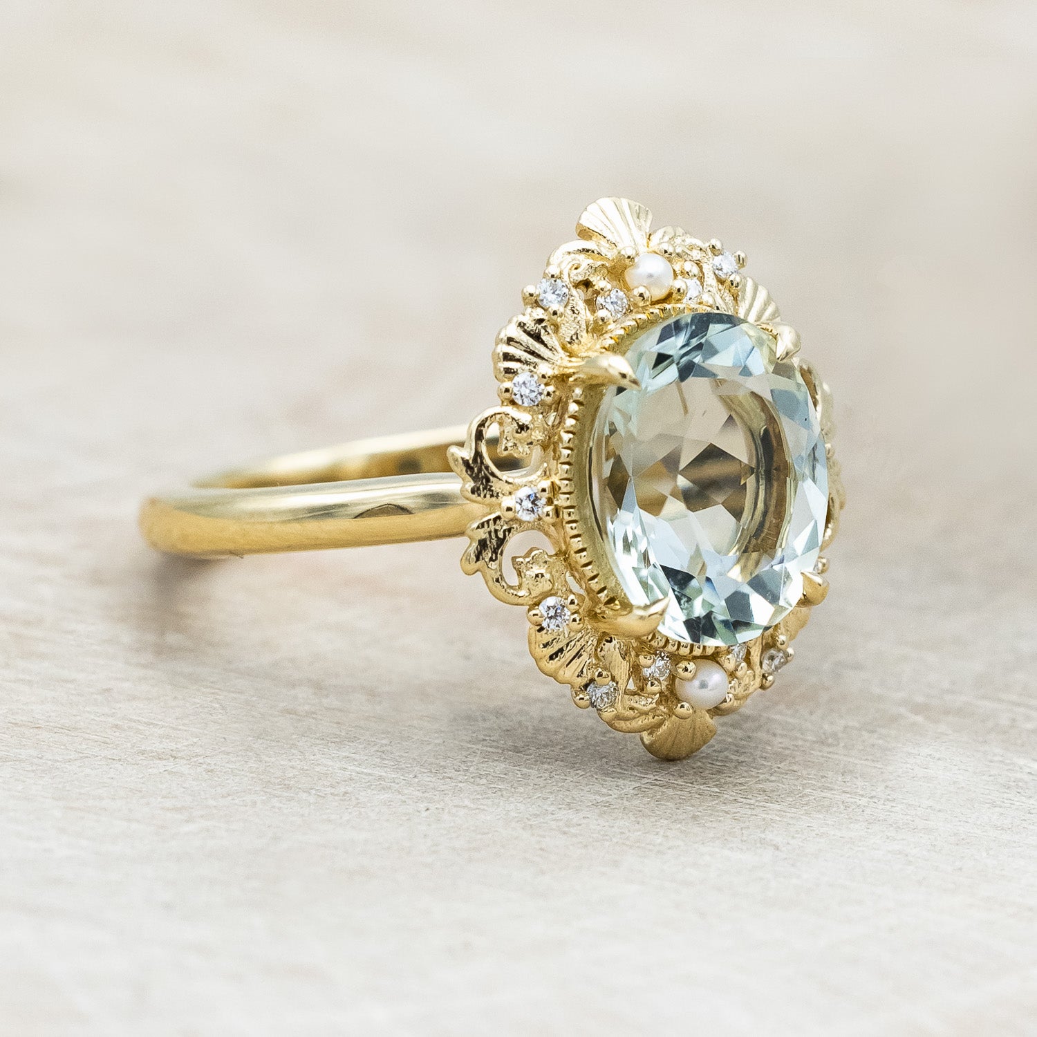 "MERROW" - OVAL GREEN PRASIOLITE ENGAGEMENT RING WITH DIAMOND & PEARL ACCENTS-Staghead Designs