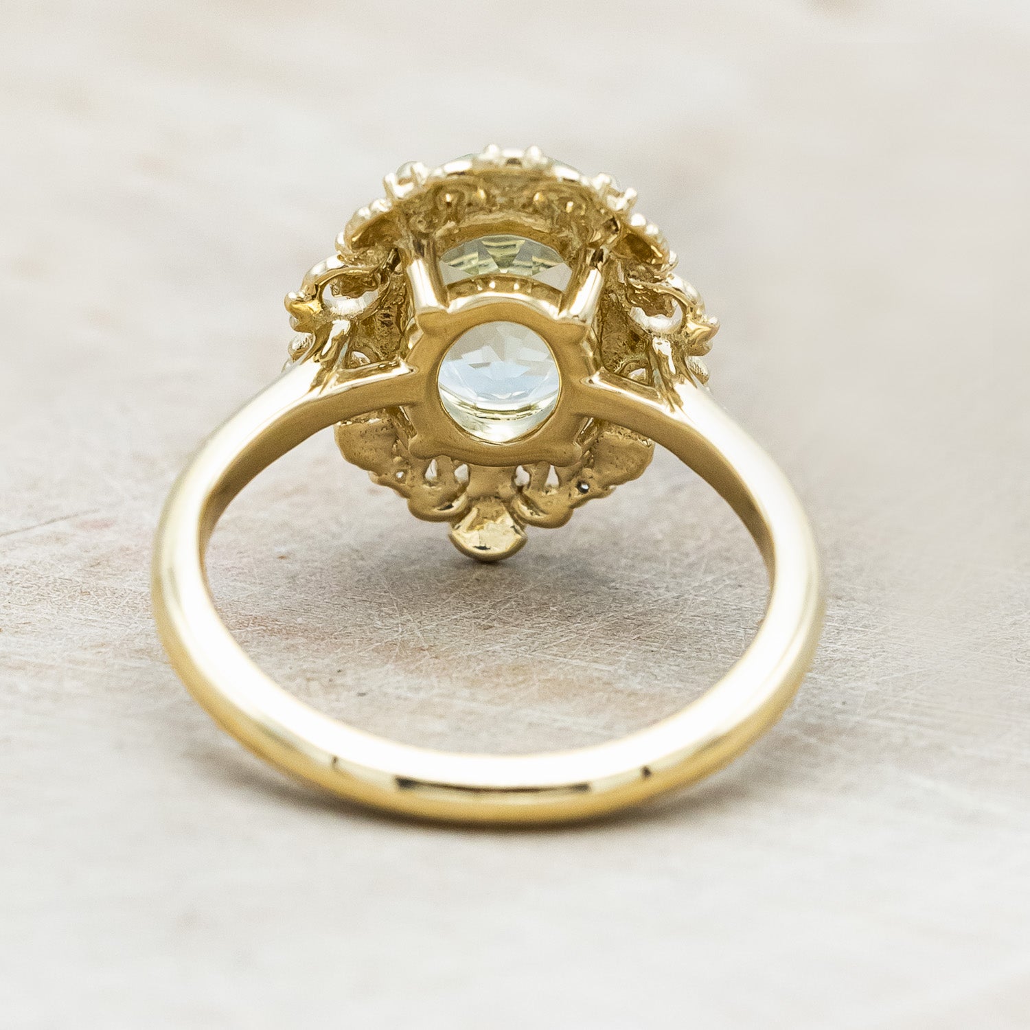 "MERROW" - OVAL GREEN PRASIOLITE ENGAGEMENT RING WITH DIAMOND & PEARL ACCENTS-Staghead Designs