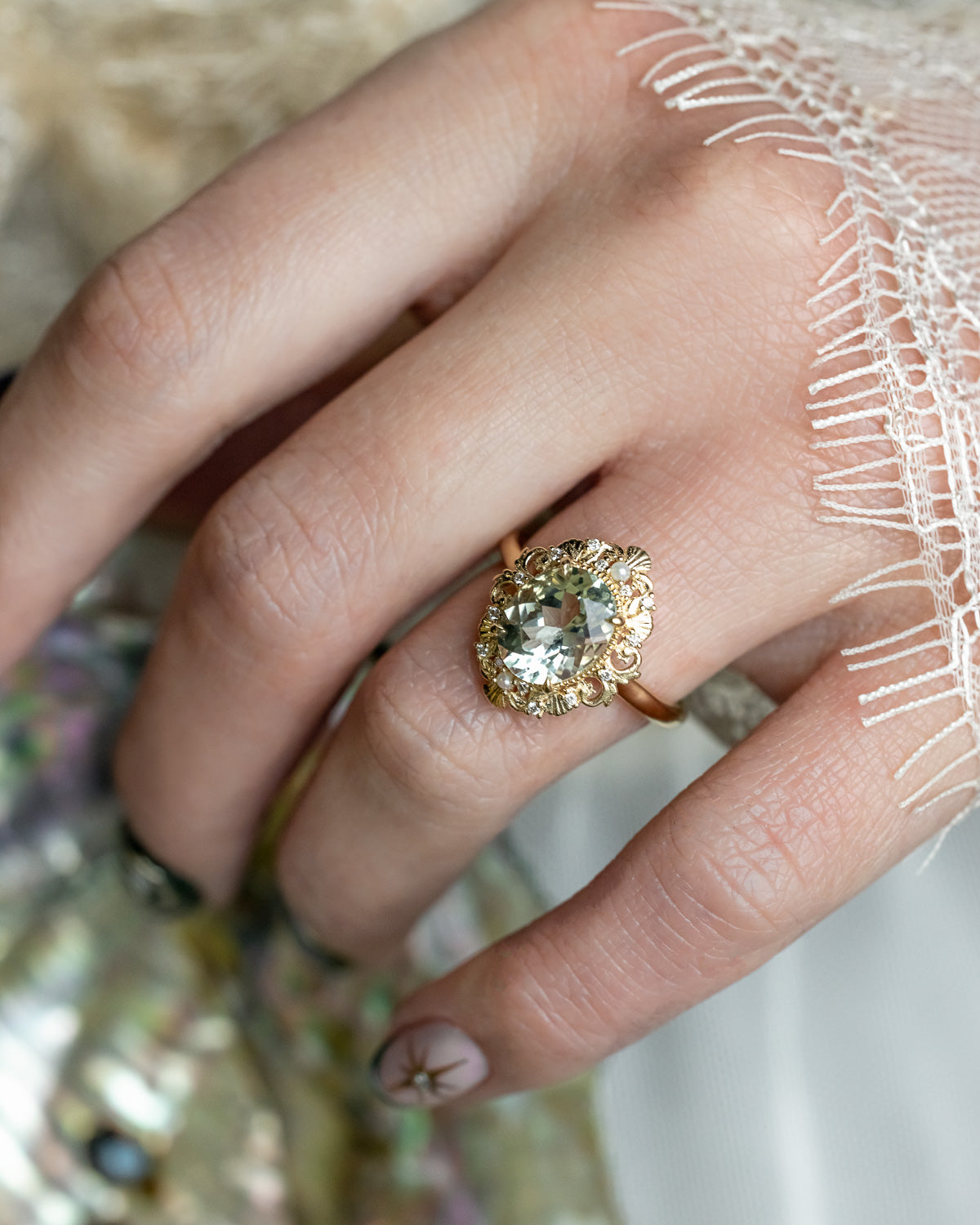 "MERROW" - OVAL GREEN PRASIOLITE ENGAGEMENT RING WITH DIAMOND & PEARL ACCENTS-Staghead Designs