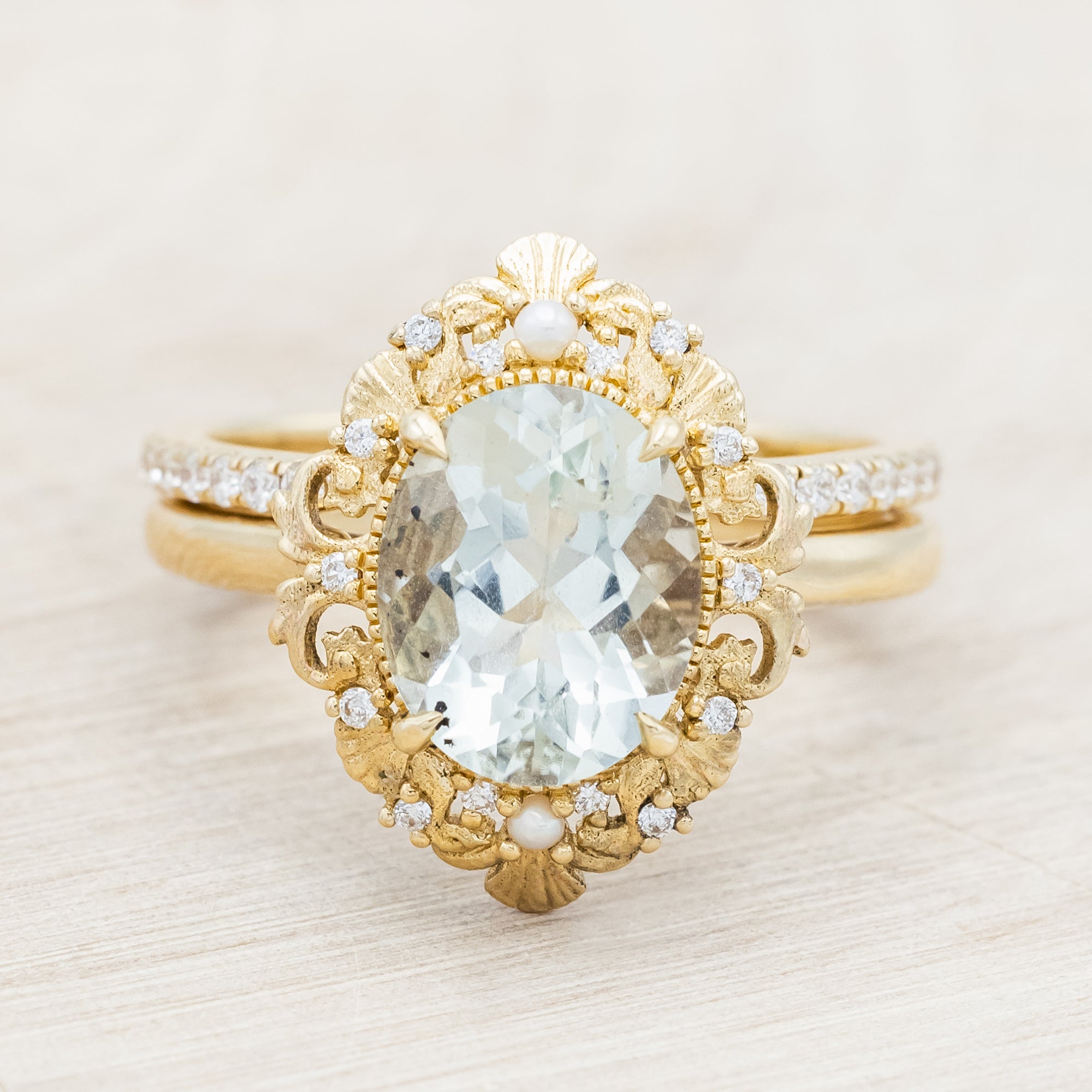 "MERROW" - OVAL CUT ENGAGEMENT RING WITH PEARL ACCENTS AND DIAMOND TRACER-Staghead Designs