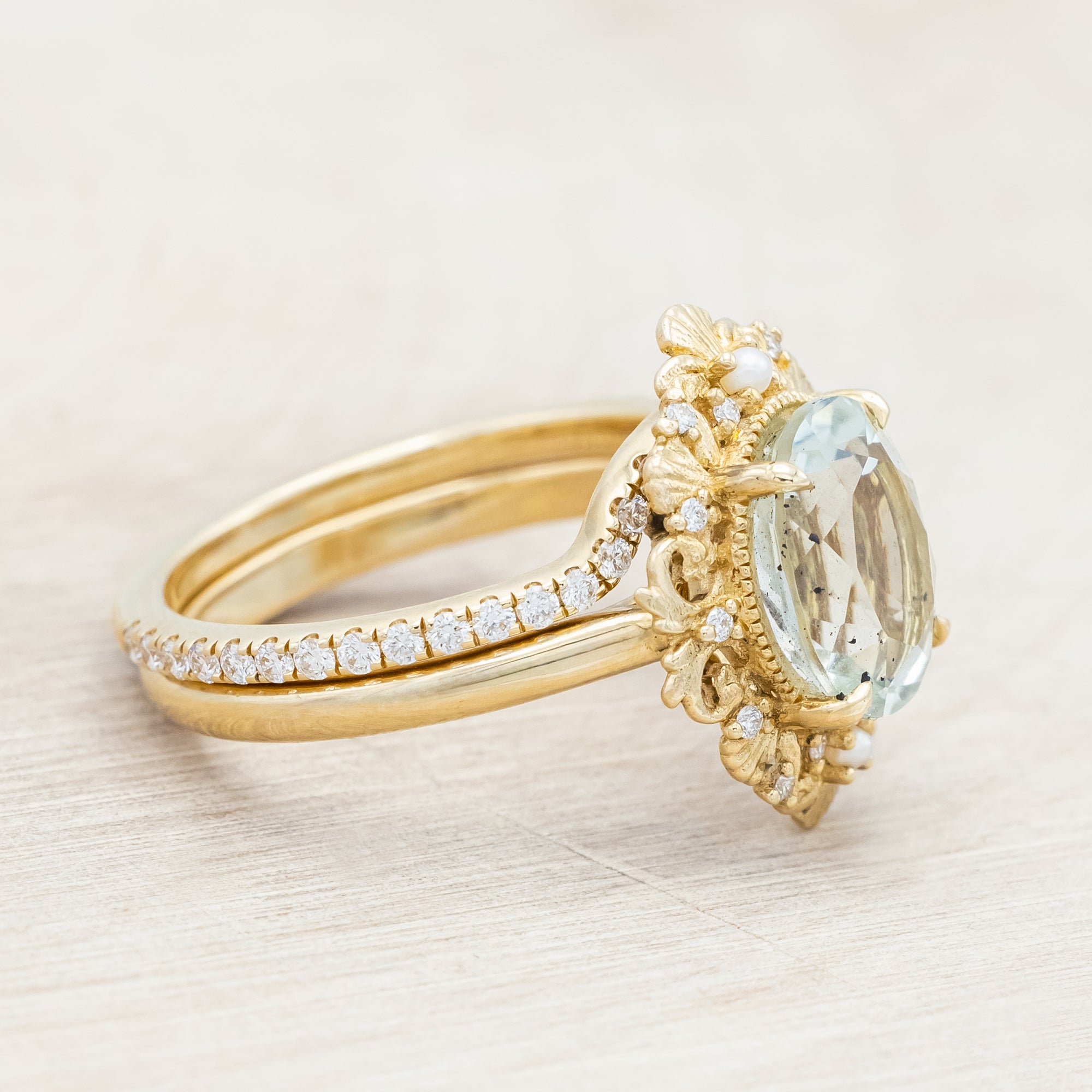 "MERROW" - OVAL CUT ENGAGEMENT RING WITH PEARL ACCENTS AND DIAMOND TRACER-Staghead Designs