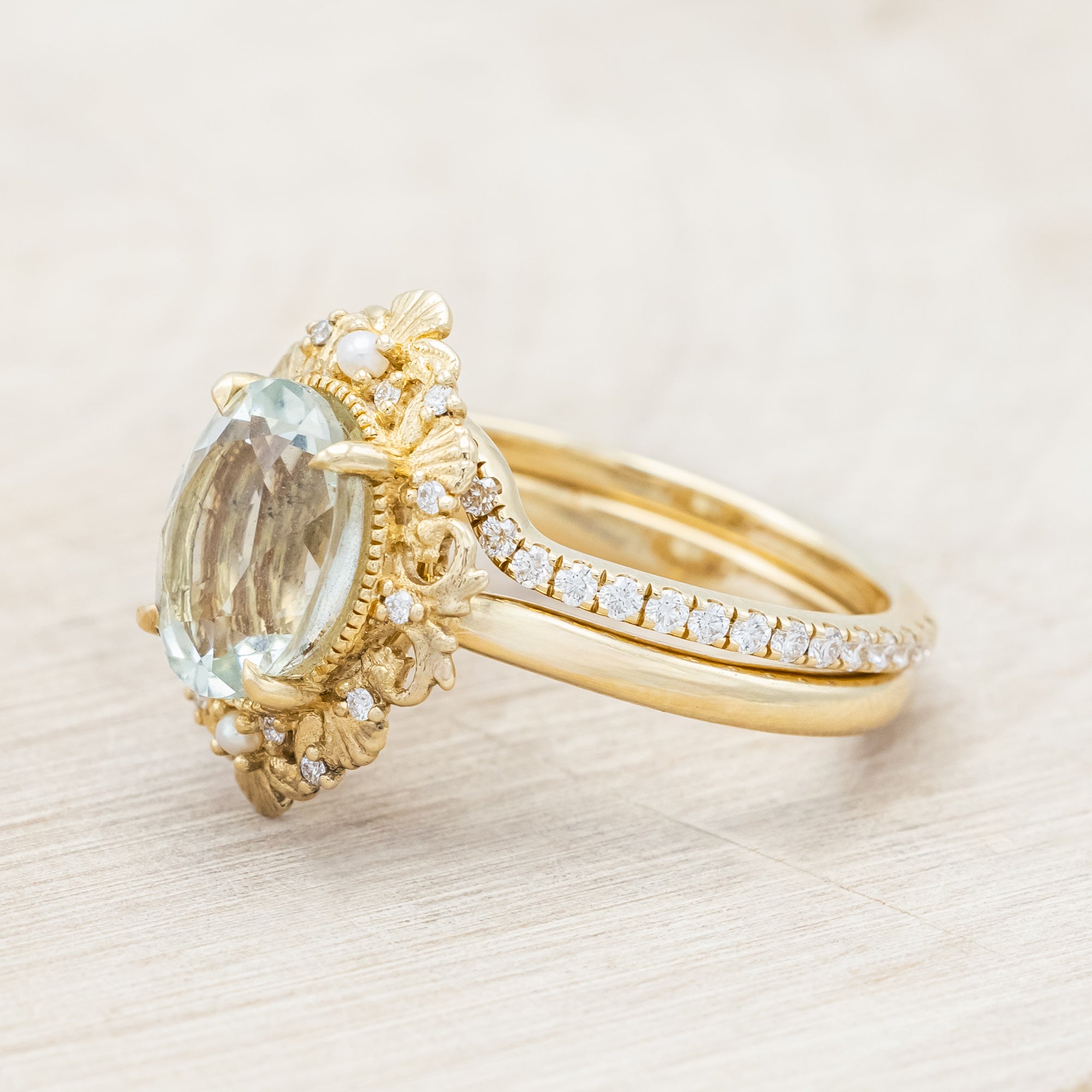 "MERROW" - OVAL CUT ENGAGEMENT RING WITH PEARL ACCENTS AND DIAMOND TRACER-Staghead Designs